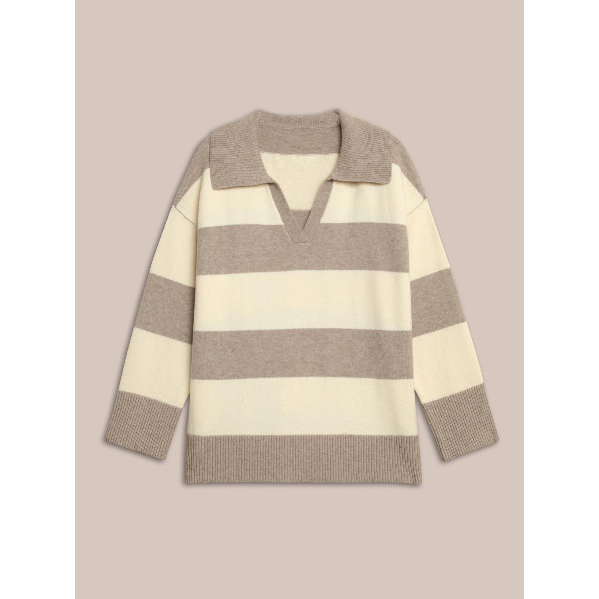 Plus Size Supersoft Essentials Contrast Slit Hem Texture Pullover Tan Women Casual Loose Long Sleeve Polo Everyday Pullovers BloomChic 18-20/2X Product Image