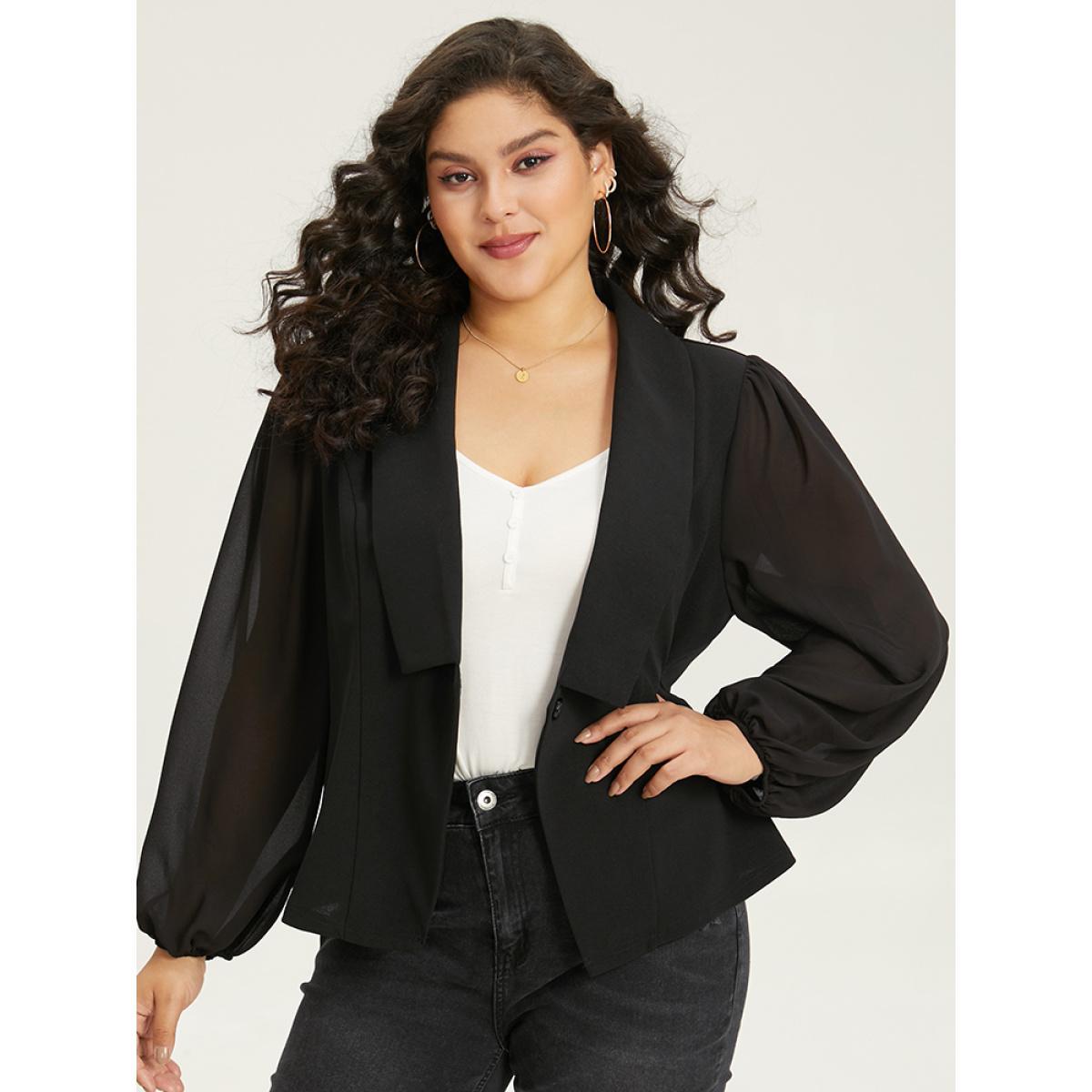 Plus Size Solid Suit Collar Gathered Blazer Black Women Dailywear Plain Elastic cuffs Sleeve Long Sleeve Suit Collar 26/4X Casual Blazers BloomChic Product Image