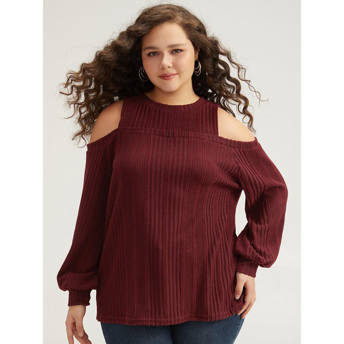 Plus Size Plain Rib Knit Elastic Cuffs Cold Shoulder Sweatshirt Women Scarlet Elegant Elastic cuffs Round Neck Dailywear Sweatshirts BloomChic 22-24/3X Product Image