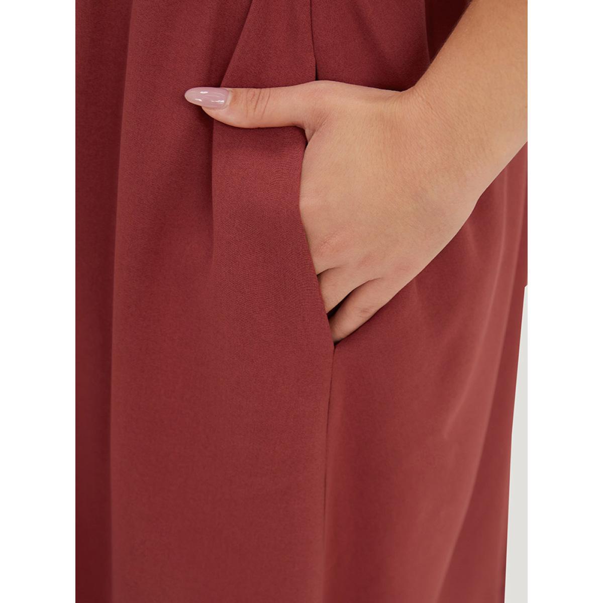 Plus Size Plain Elastic Cuffs Pocket Laser Cut Dress Russet Women Elegant Elastic cuffs V-neck Elbow-length sleeve Curvy Midi Dress BloomChic 26/4X Product Image