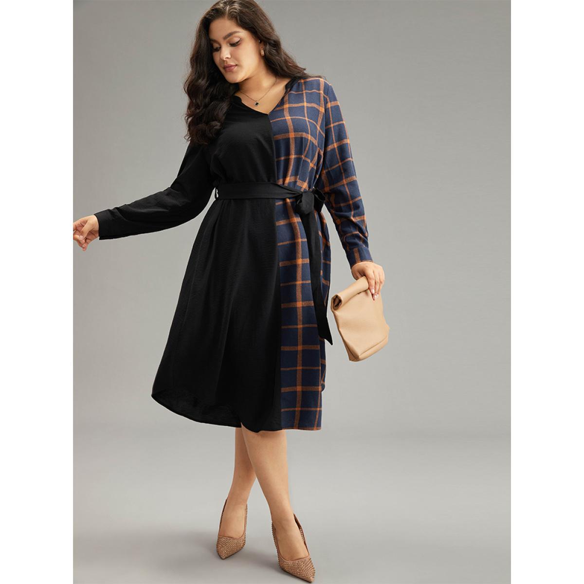 Plus Size Plaid Patchwork Notched Belted Dress Black Women Office Belted Notched collar Long Sleeve Curvy Midi Dress BloomChic 30/6X Product Image