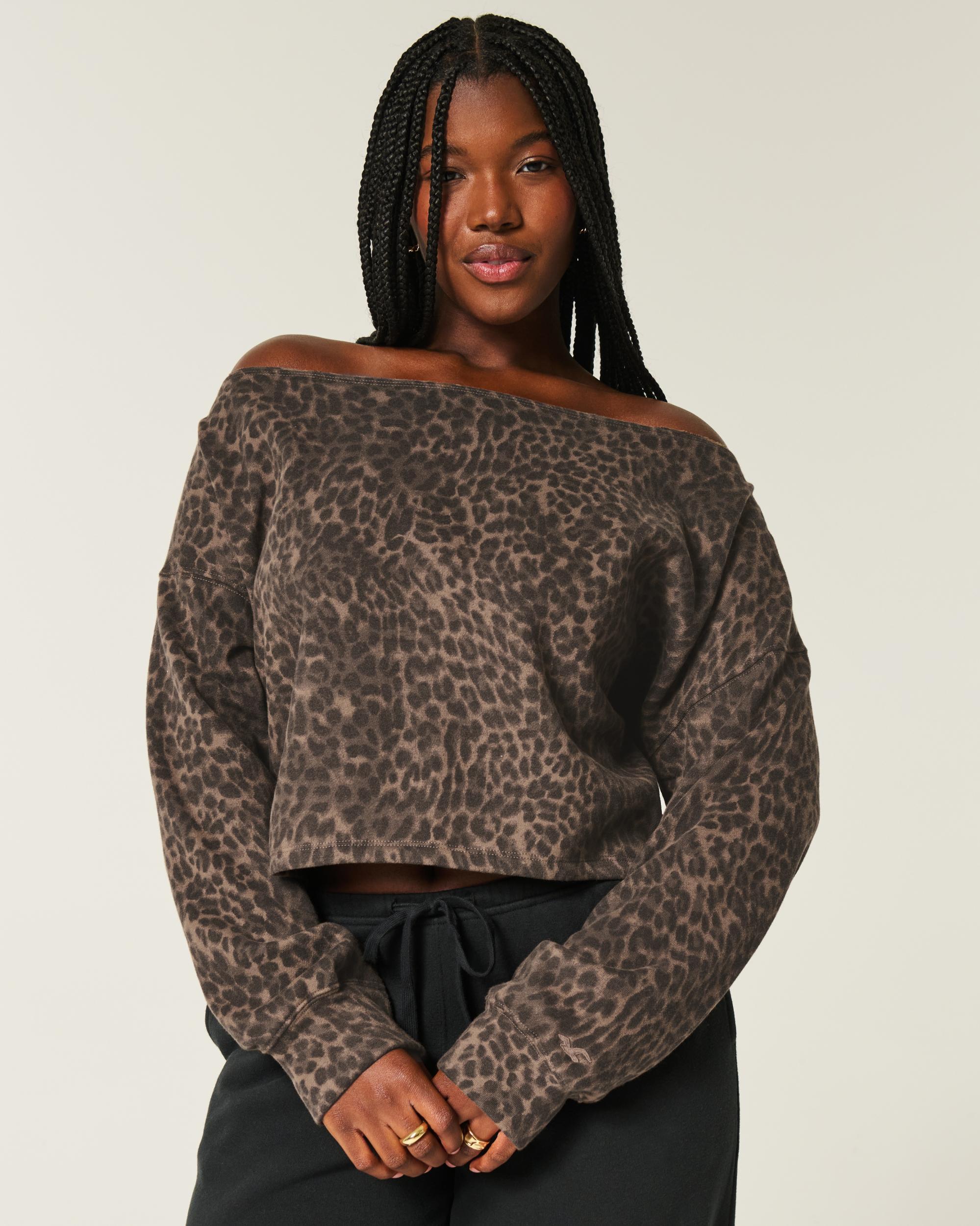Easy Double Off-the-Shoulder Leopard Print Sweatshirt Product Image