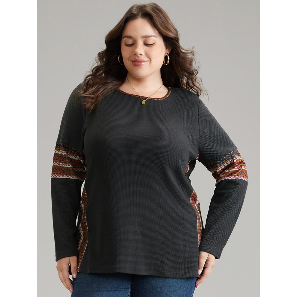 Plus Size Bandana Print Waffle Knit T-shirt DarkGray Women Elegant Waffle Knit Bohemian Print Round Neck Dailywear T-shirts BloomChic 26/4X Product Image