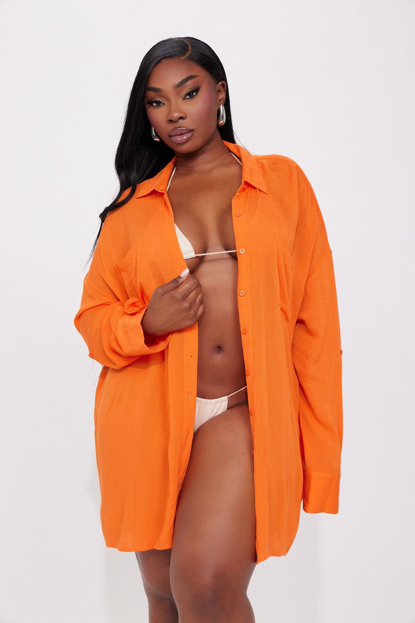 Breezy Nights Linen Pocket Cover Up Shirt - Orange Product Image