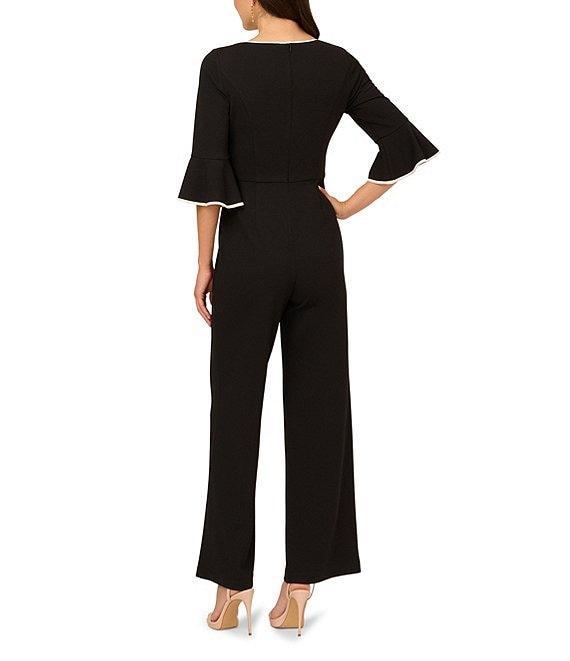 Adrianna Papell Crepe Contrast Piping 3/4 Ruffle Sleeve Square Neck Jumpsuit Product Image