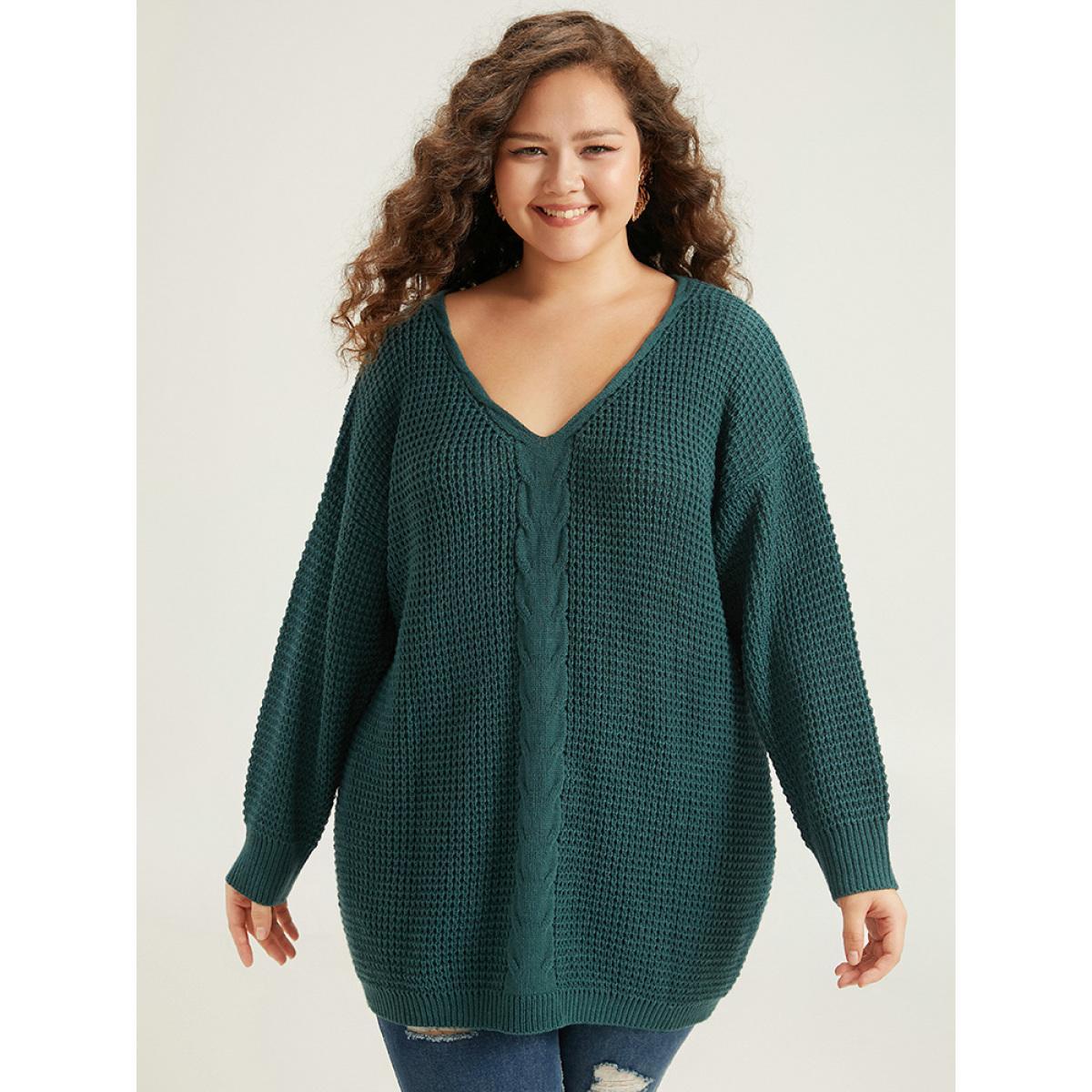 Plus Size Cable Knit Plain Elastic Cuffs Pullover Cyan Women Casual Loose Long Sleeve V-neck Dailywear Pullovers BloomChic 26/4X Product Image