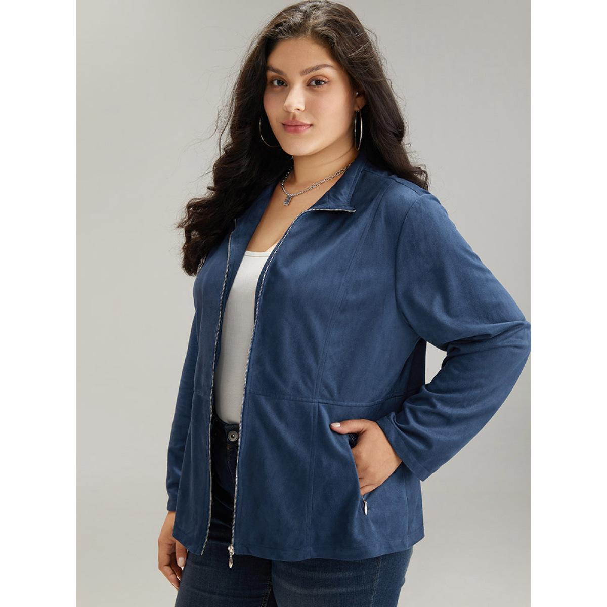 Plus Size Solid Pocket Zipper Jacket Women Indigo Plain Pocket Dailywear Jackets BloomChic 26/4X Product Image