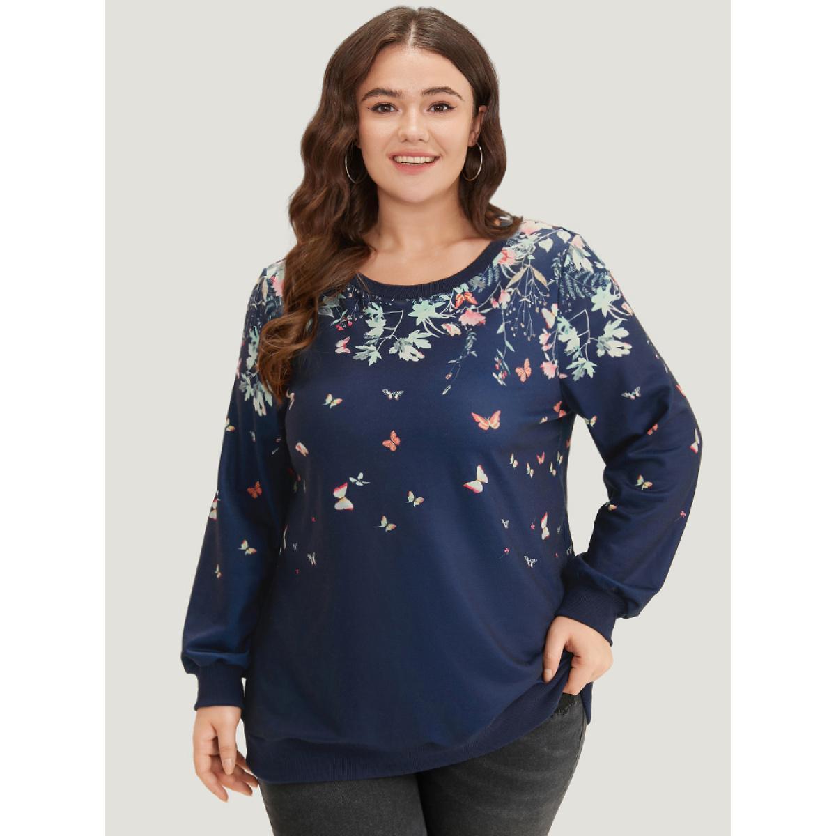 Plus Size Boho Print Elastic Cuffs Round Neck Sweatshirt Women Blue Elegant Elastic cuffs Round Neck Dailywear Sweatshirts BloomChic 10/M Product Image