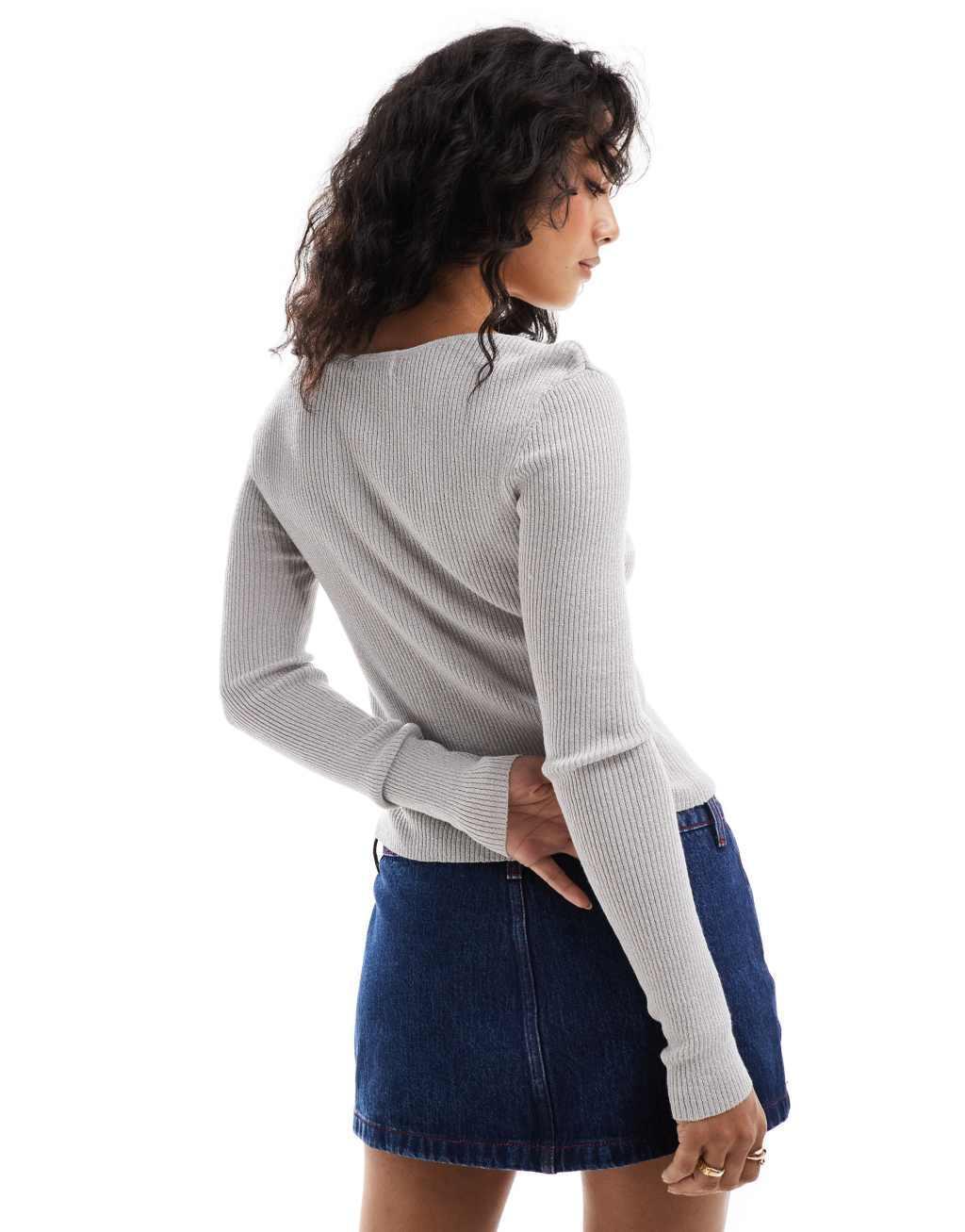 Brave Soul button up knitted top in silver Product Image