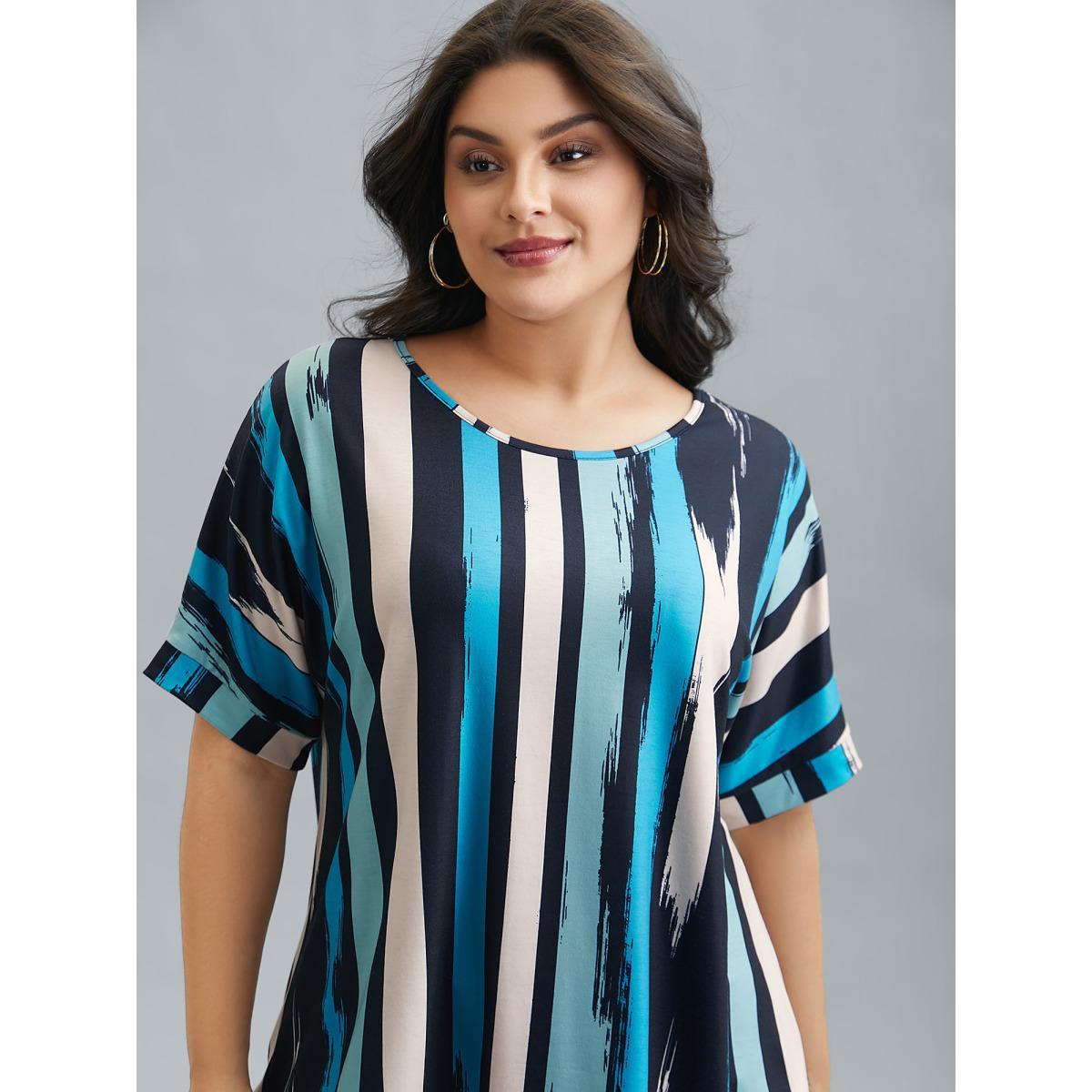 Plus Size Striped Print Dolman Sleeve T-Shirt Multicolor Women Casual Contrast Round Neck Everyday T-shirts BloomChic 14-16/1X Product Image