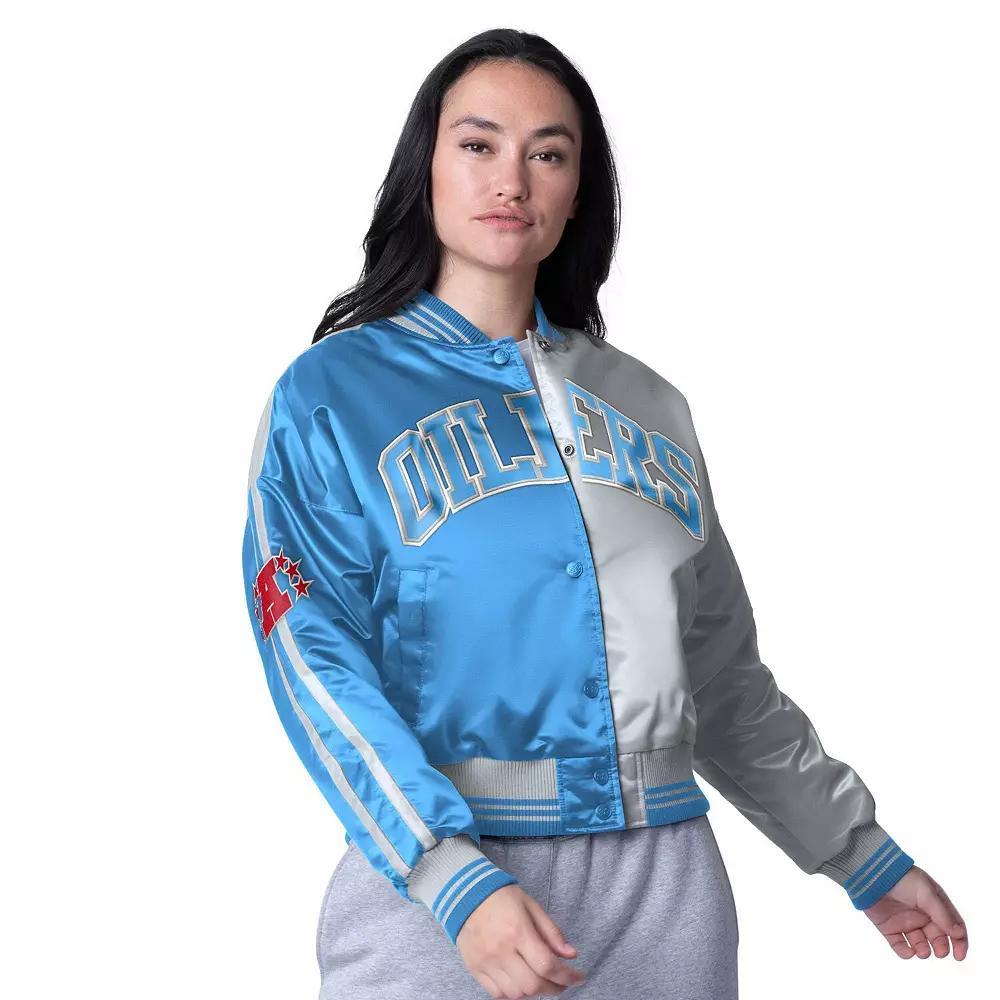 Women's Starter  Light Blue/Silver Houston Oilers Gridiron Classics Zone Blitz Cropped Full-Snap Satin Jacket, Size: Medium, Nfl Light Product Image