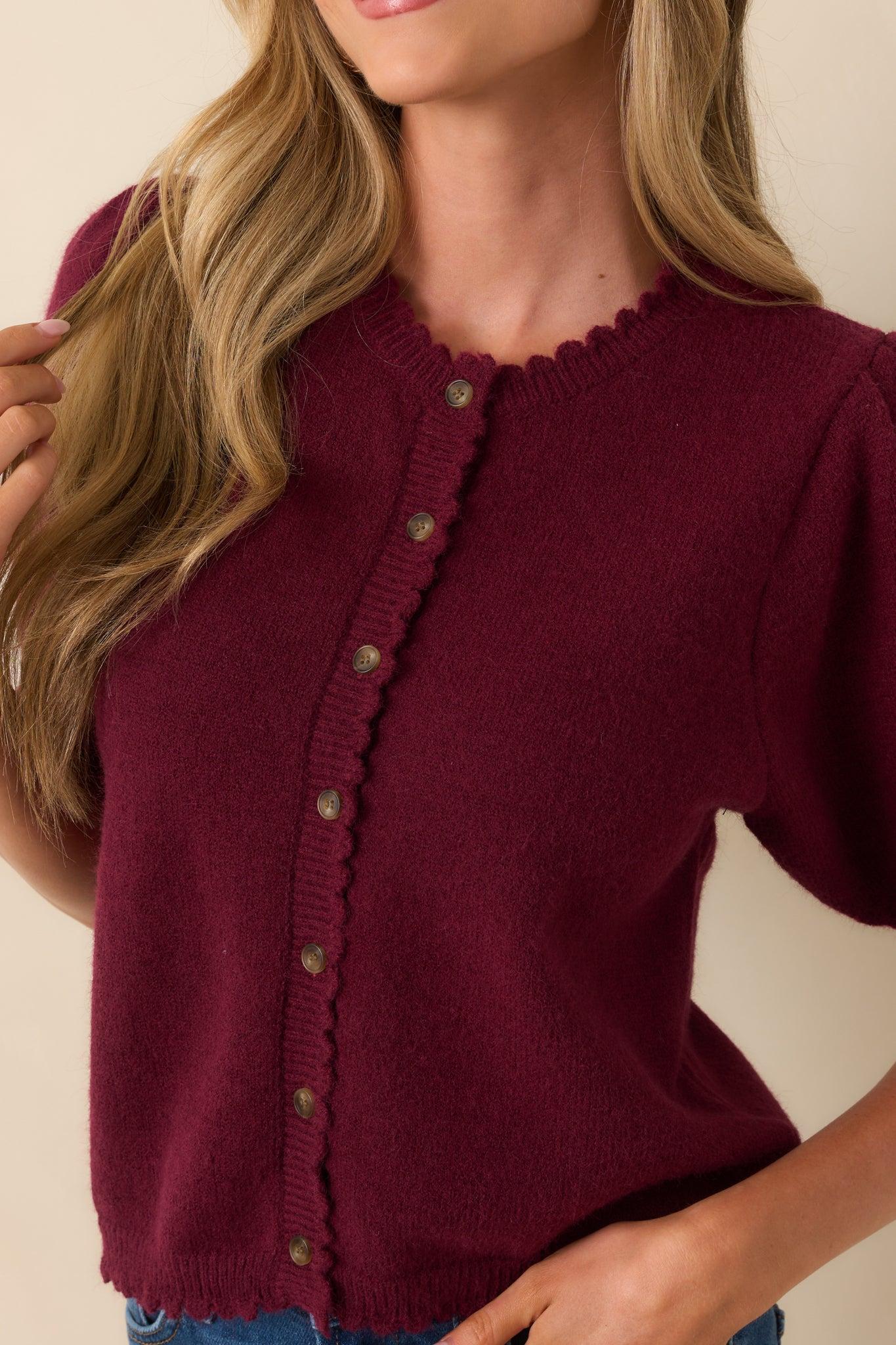 Caught Up In The Moment Wine Knit Short Sleeve Cardigan Product Image