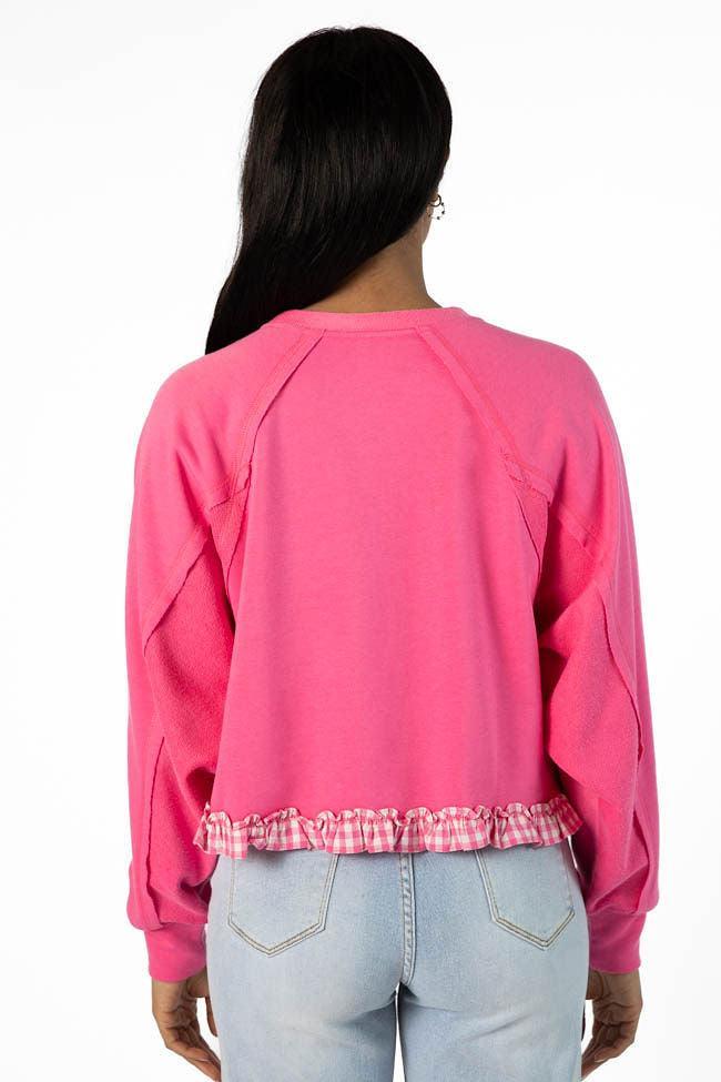 Away We Go Cropped Pink Gingham Ruffle Hem Crew Neck Sweatshirt FINAL SALE Product Image