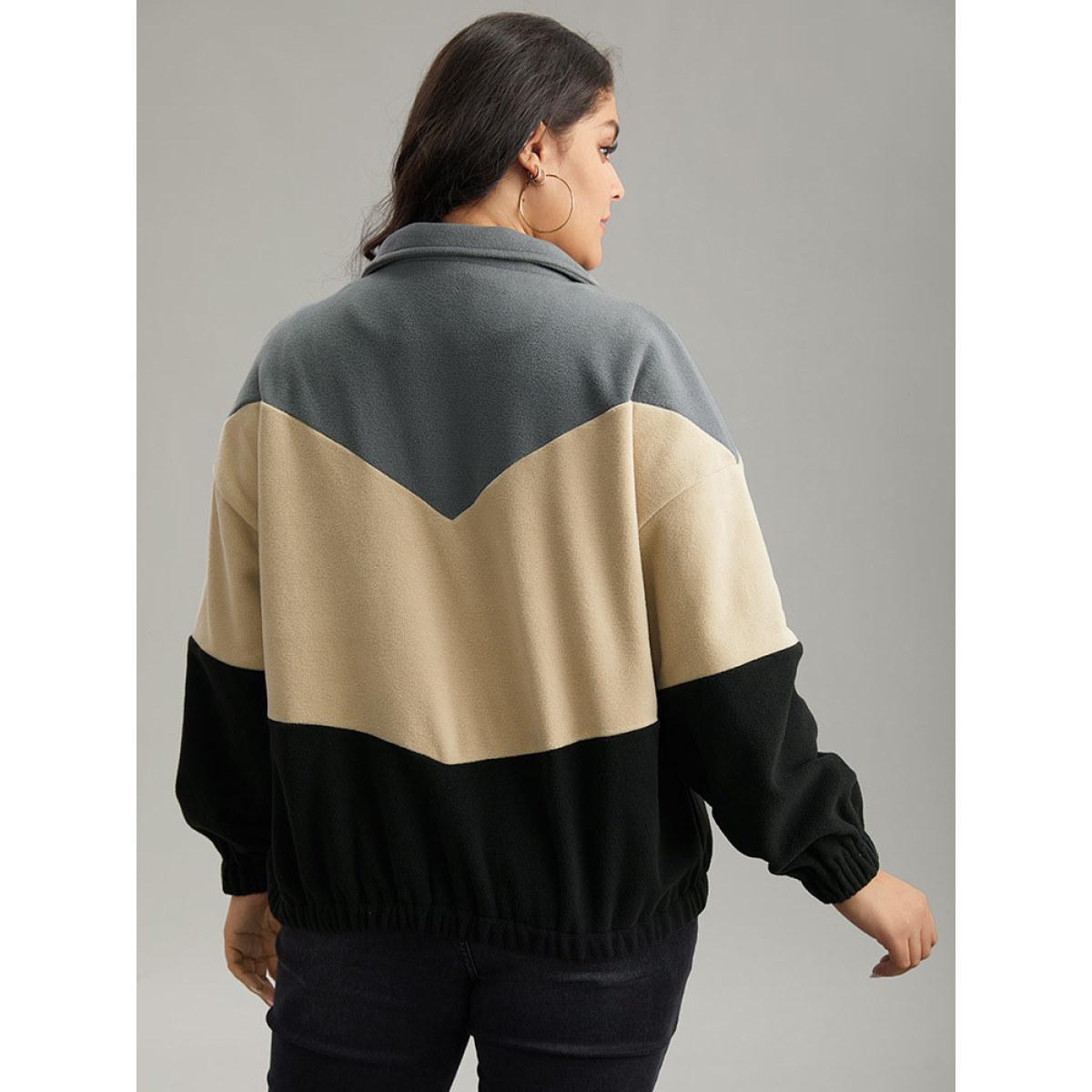 Plus Size Colorblock Contrast Zipper Drop Shoulder Jacket Women Gray Elastic cuffs Dailywear Jackets BloomChic 14-16/1X Product Image