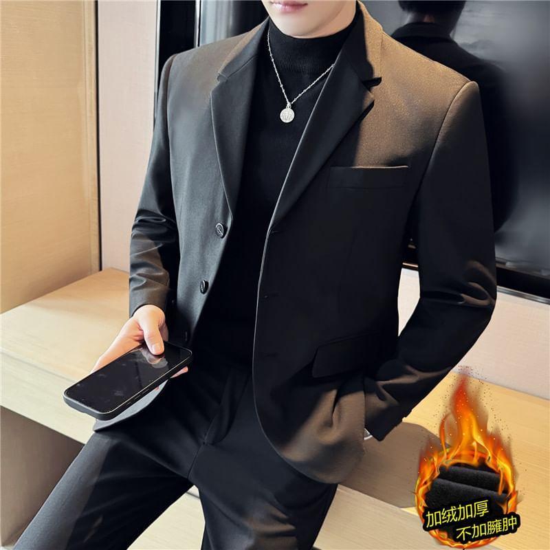 Plain Blazer / V-Neck Plain Button-Up Vest / High Waist Straight Leg Dress Pants / Set Product Image
