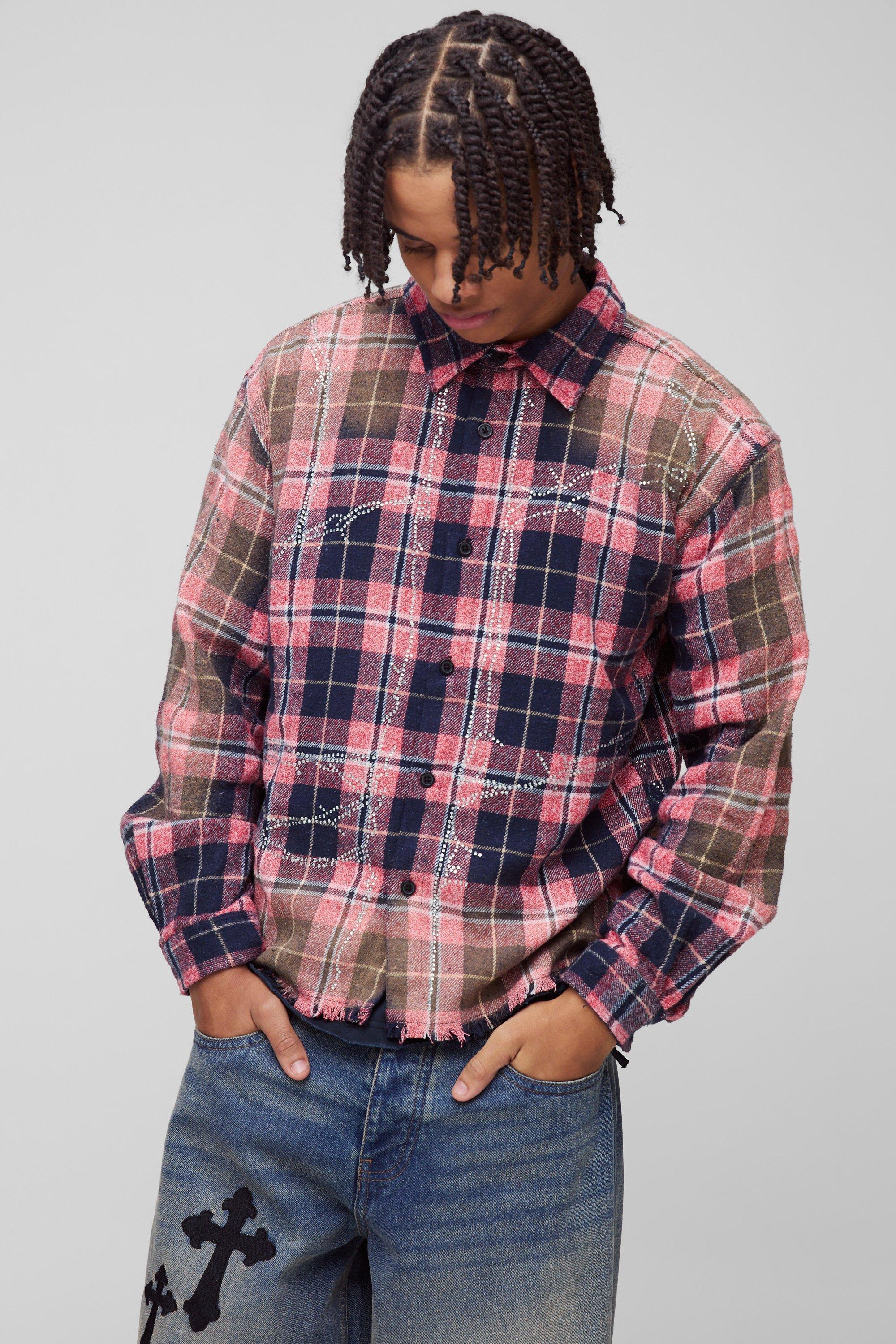Mens Oversized Boxy Rhinestone Washed Plaid Shirt - Blue Product Image