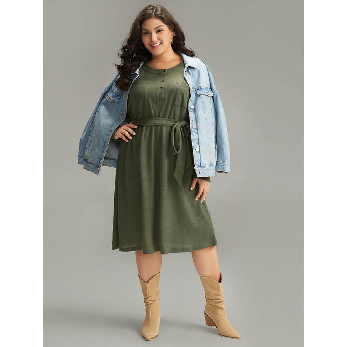 Plus Size Plain Textured Belted Button Up Dress ArmyGreen Women Casual Texture Round Neck Long Sleeve Curvy Midi Dress BloomChic 10/M Product Image