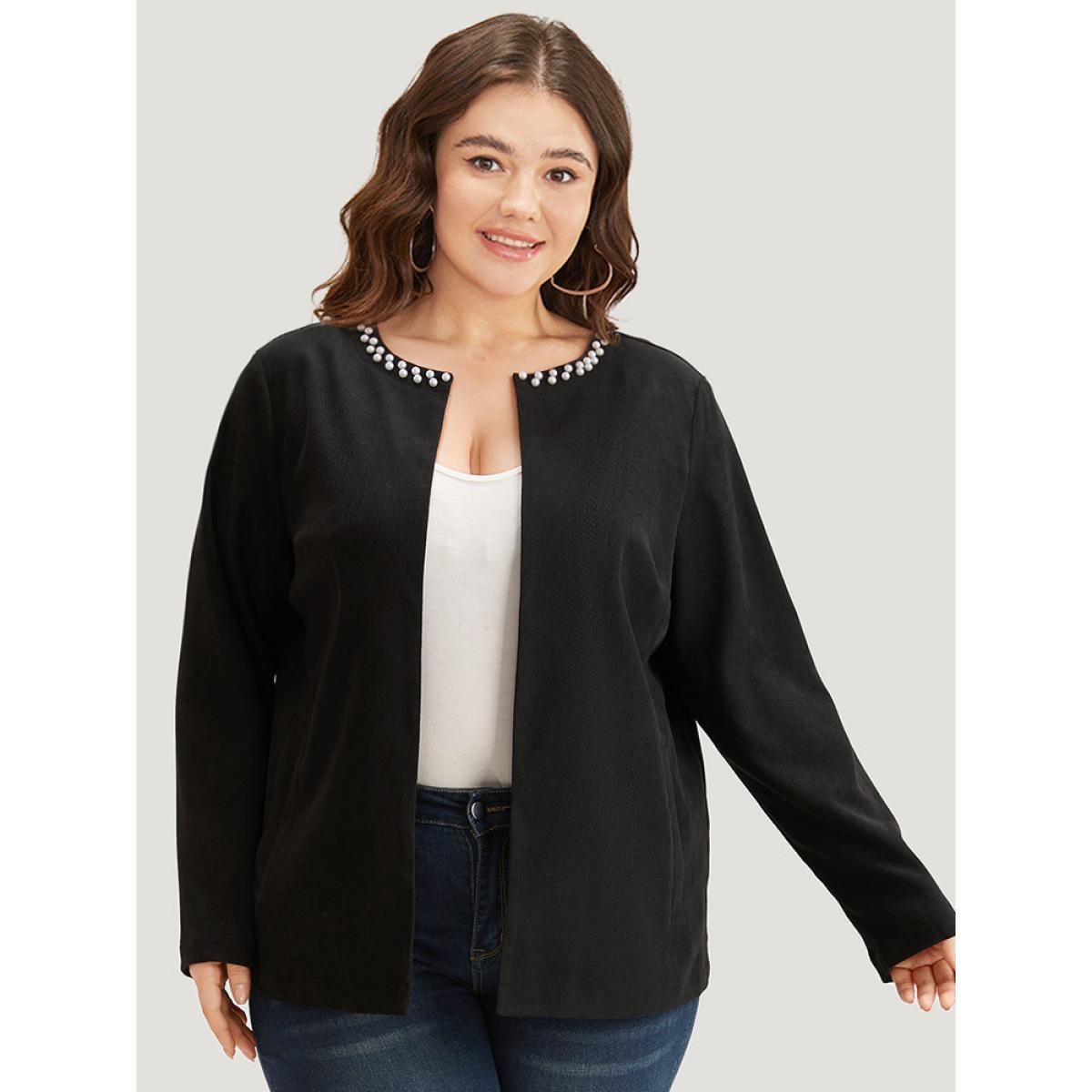 Plus Size Solid Pearl Beaded Detail Open Front Coat Women Black Casual Beaded Ladies Dailywear Winter Coats BloomChic 14-16/1X Product Image
