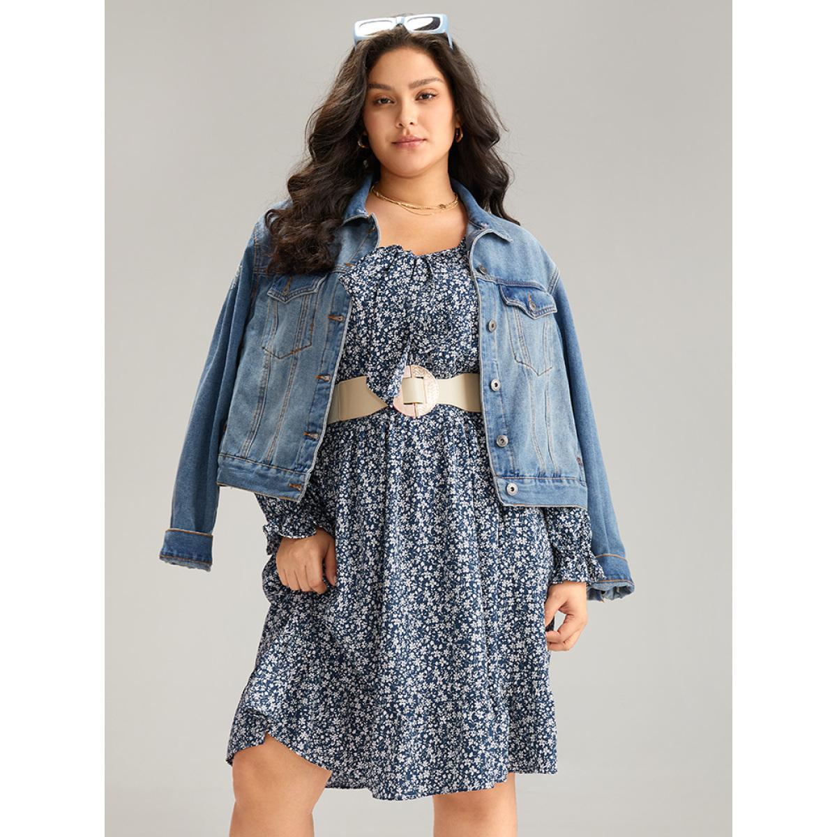 Plus Size Ditsy Floral Flutter Trim Shirred Knot Neck Dress Stone Women Elegant Cross straps Tie Neck Long Sleeve Curvy Knee Dress BloomChic 28/5X Product Image