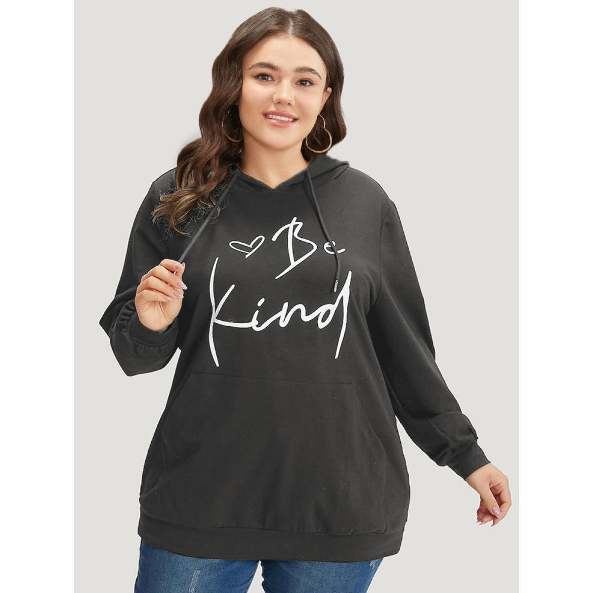 Plus Size Letter Print Pocket Drawstring Hooded Sweatshirt Women Gray Casual Elastic cuffs Dailywear Sweatshirts BloomChic 18-20/2X Product Image