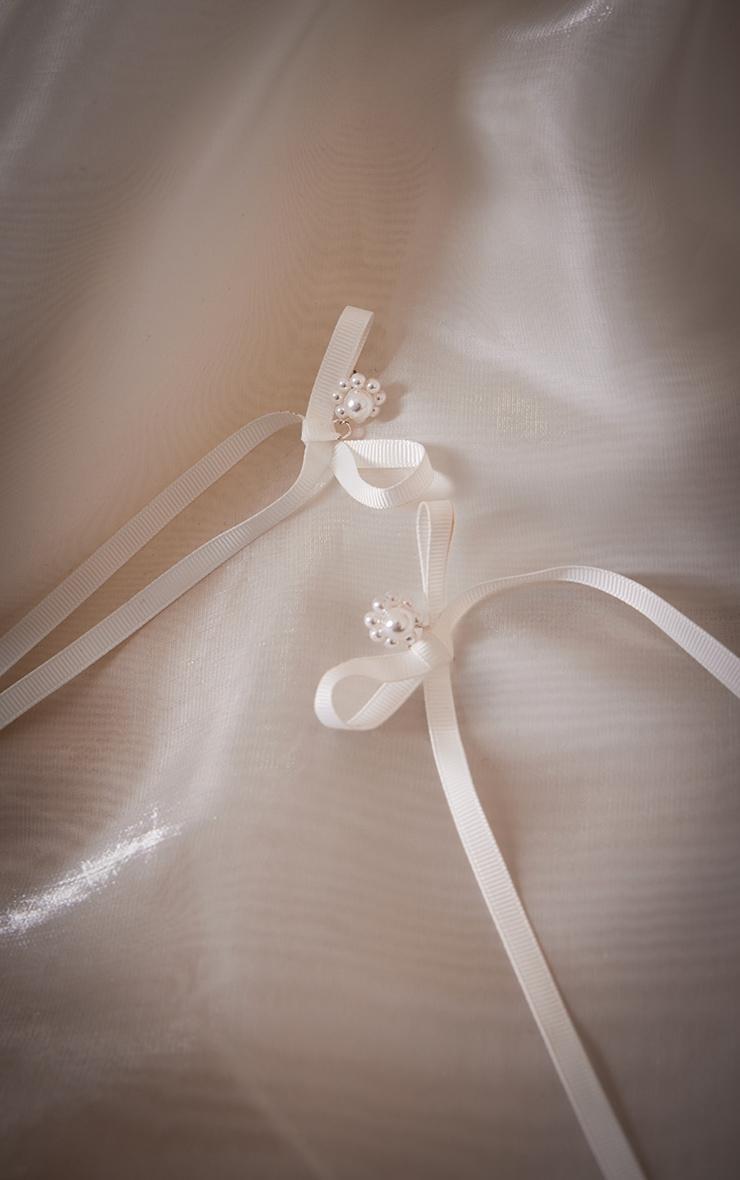 White Pearl Detail Satin Bow Statement Earrings Product Image
