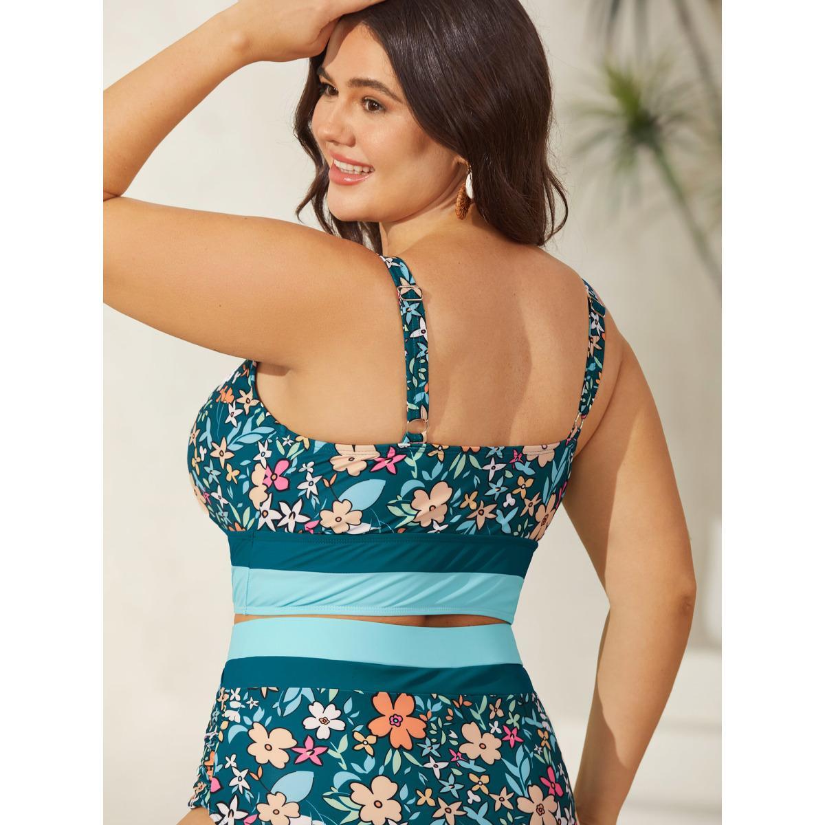 Plus Size Floral Print Color Contrast Swim Top Women's Swimwear Cyan Beach Contrast High stretch Skinny U-neck Curve Swim Tops BloomChic 10/M Product Image