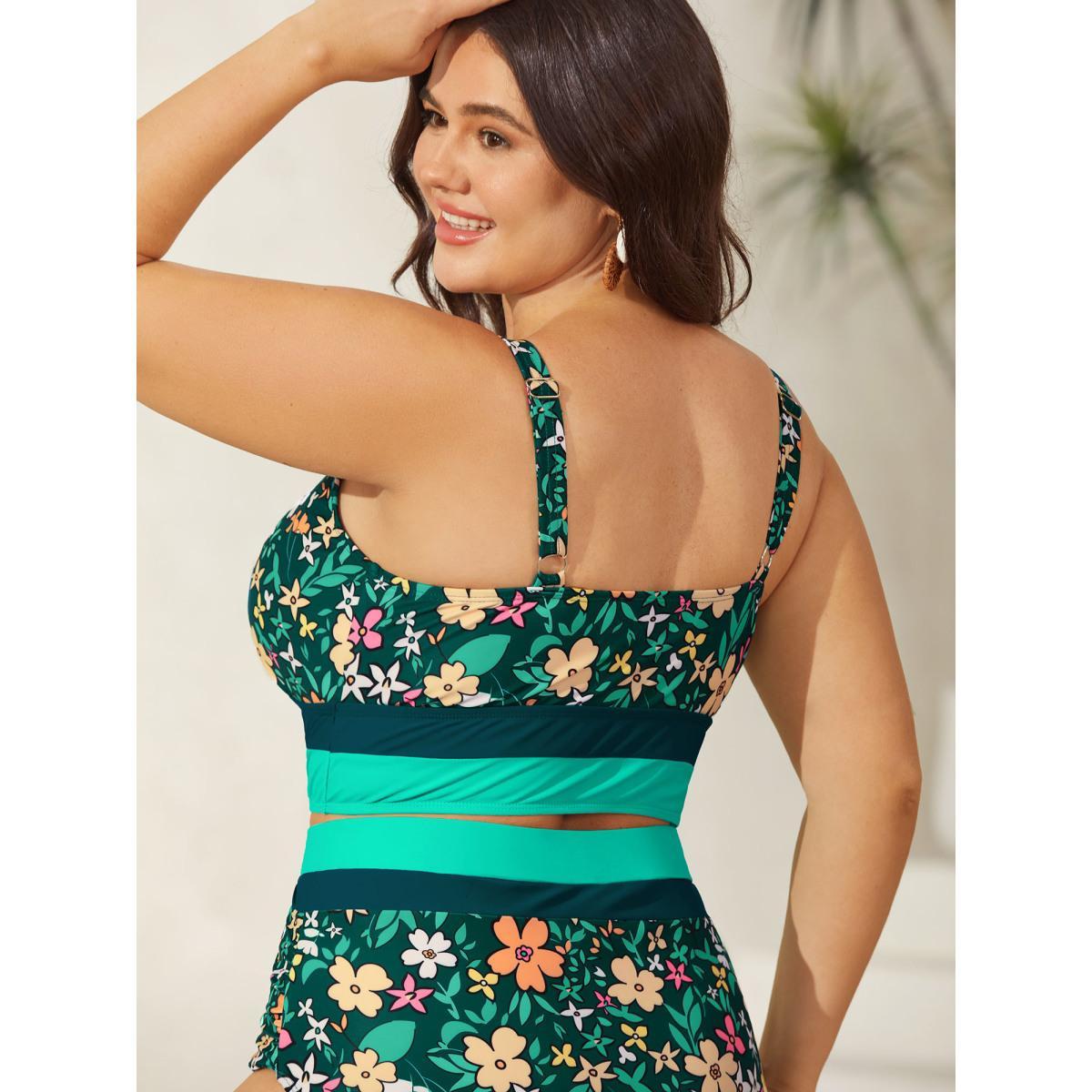 Plus Size Floral Print Color Contrast Swim Top Women's Swimwear DarkGreen Beach Contrast High stretch Skinny U-neck Curve Swim Tops BloomChic 30/6X Product Image
