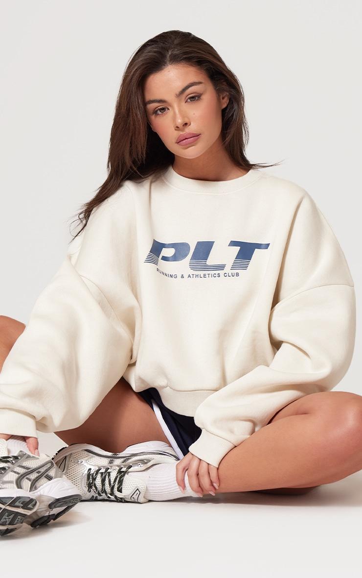 PRETTYLITTLETHING Cream Athletics Club Embossed Oversized Boxy Sweatshirt Product Image