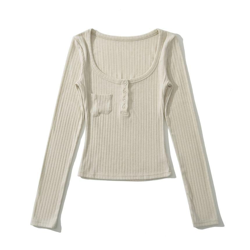 Long Sleeve Scoop Neck Plain Ribbed Cropped Top Product Image