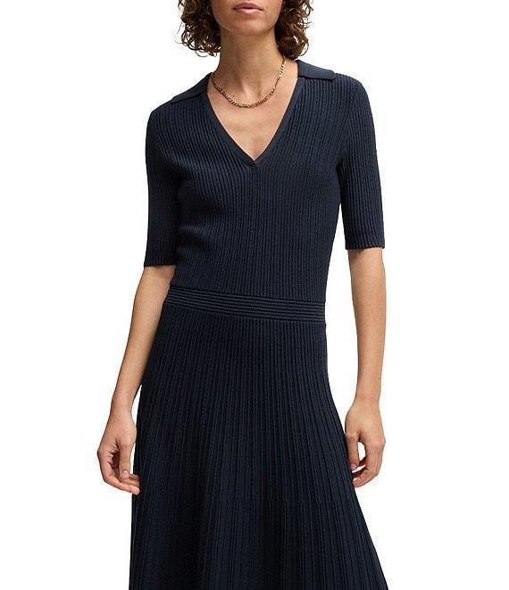 BOSS By Hugo Boss Fracie Ribbed Knit V-Neck Elbow Sleeve Fit-And-Flare Midi Dress Product Image