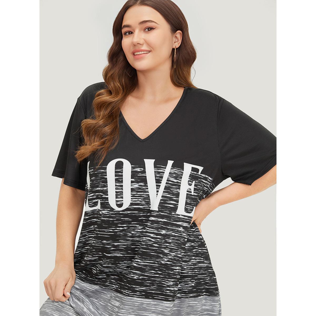 Plus Size Letter Print Colorblock Contrast Pocket V Neck Dress Black Women Casual Plain Curvy Knee Dress BloomChic 22-24/3X Product Image