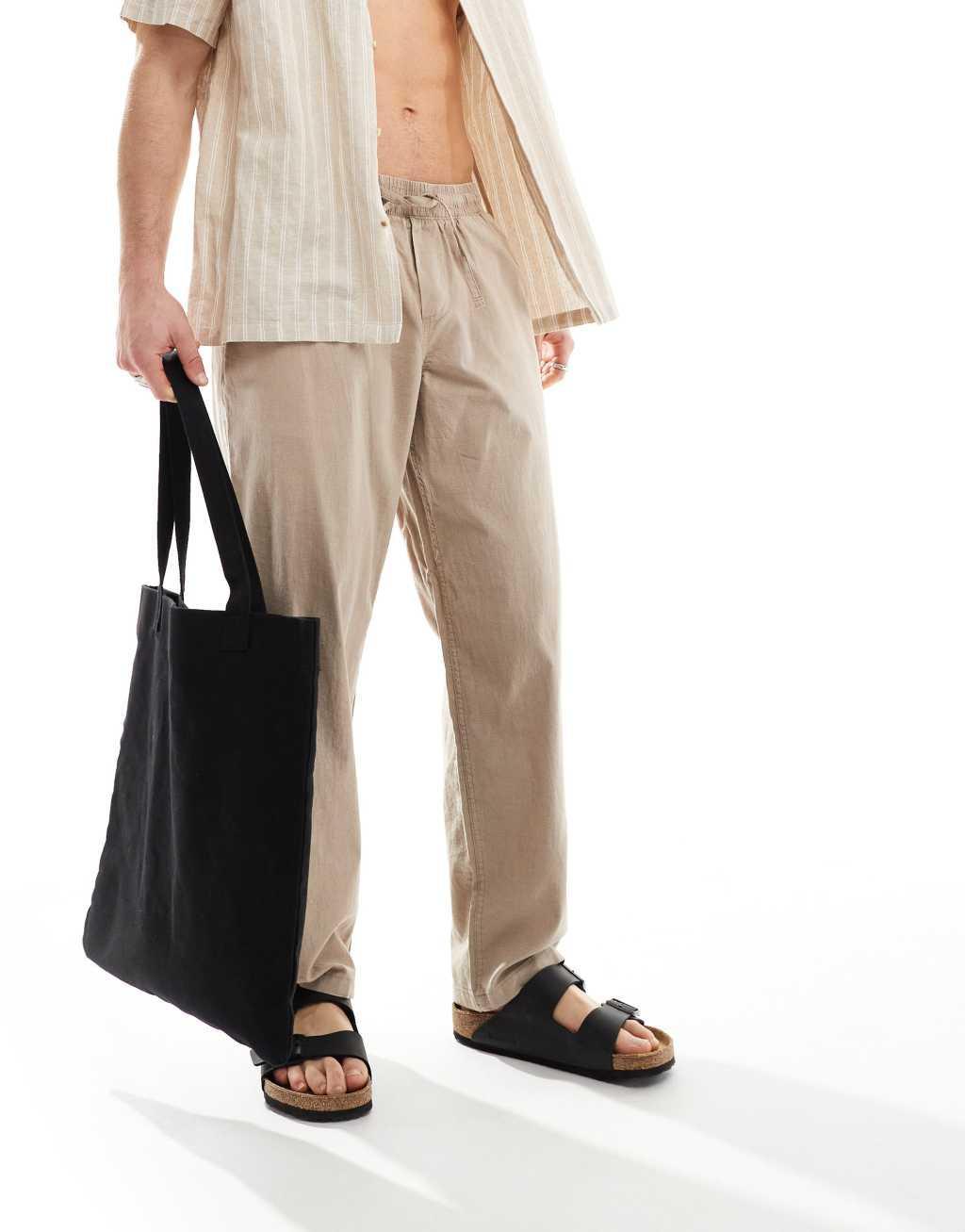 Jack & Jones loose linen mix pants with drawstring waist in beige Product Image