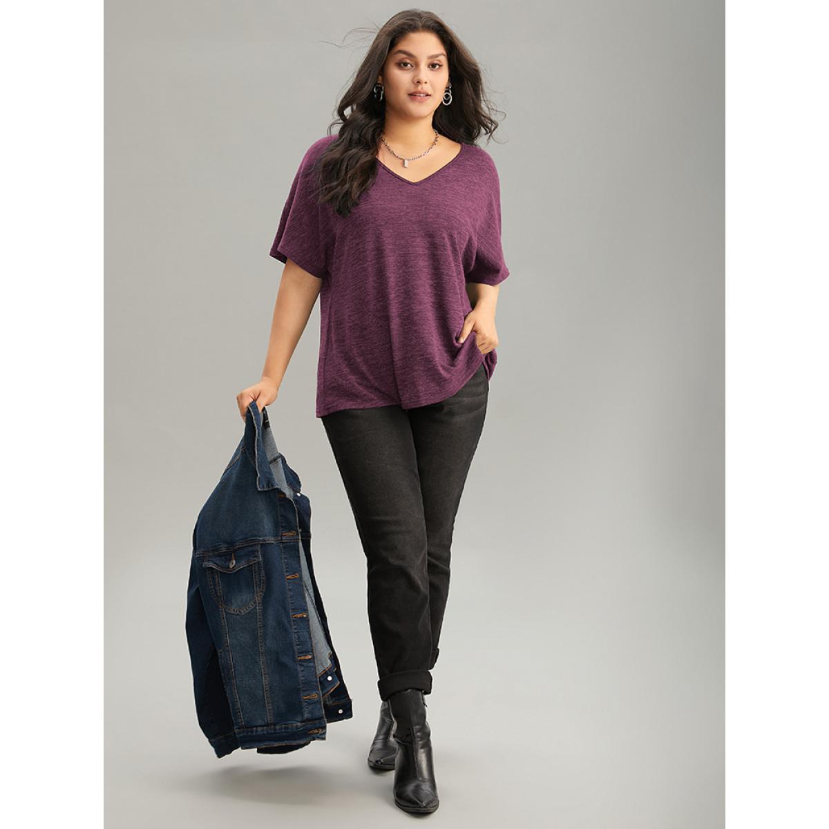 Plus Size Solid Heather V Neck Dolman Sleeve T-shirt DustyPink Women Casual Plain Plain V-neck Everyday T-shirts BloomChic 10/M Product Image