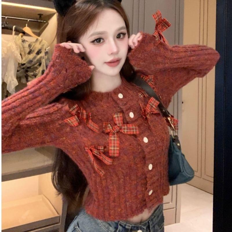 Crew Neck Bow Melange Cardigan Product Image