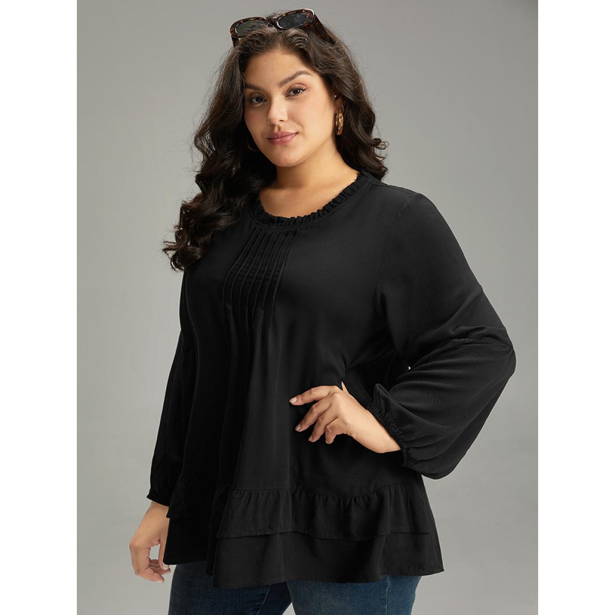 Plus Size Black Seam Detail Frill Trim Layered Blouse Women Elegant Long Sleeve Round Neck Dailywear Blouses BloomChic 26/4X Product Image