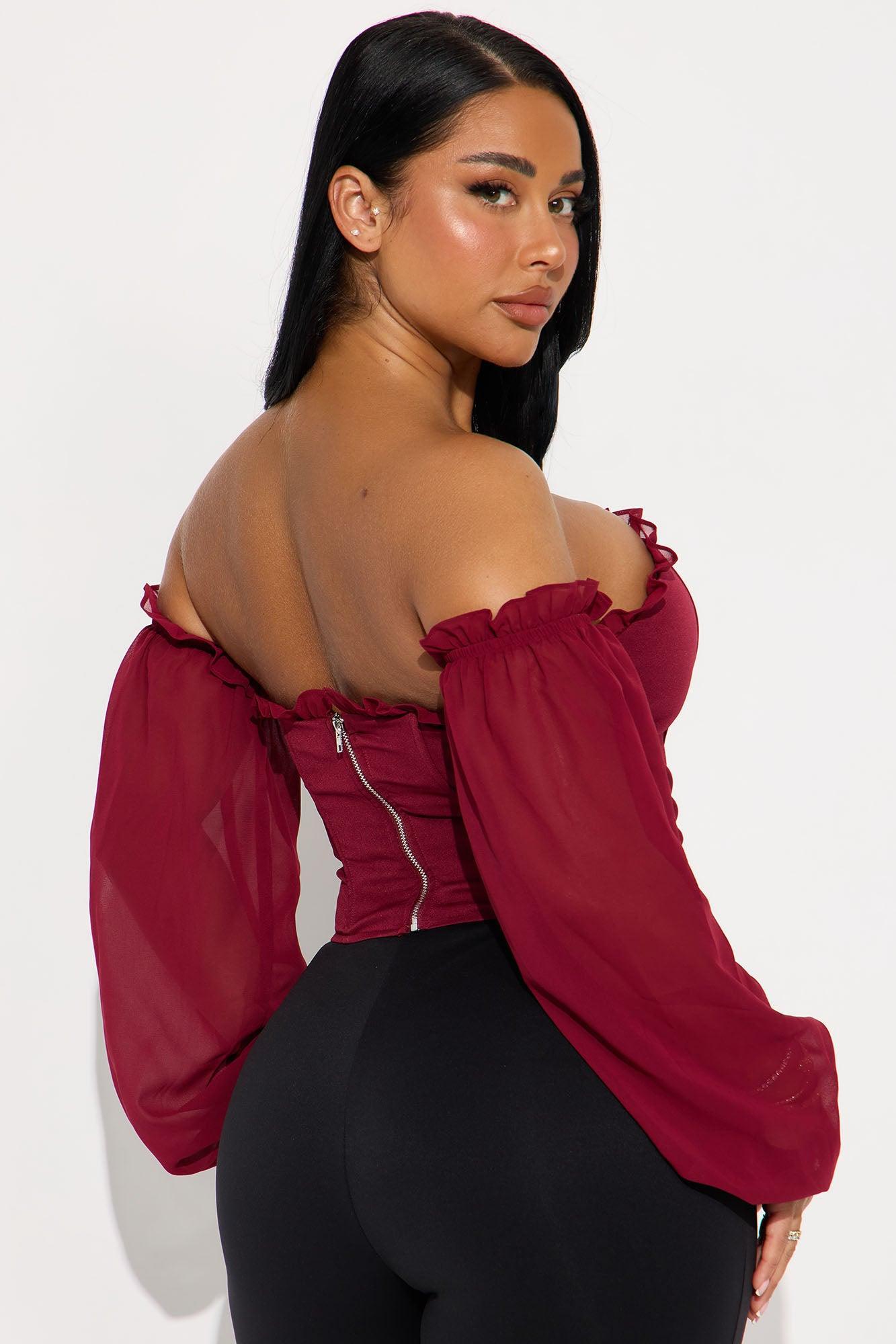 Have It All Off Shoulder Corset Top - Burgundy Product Image