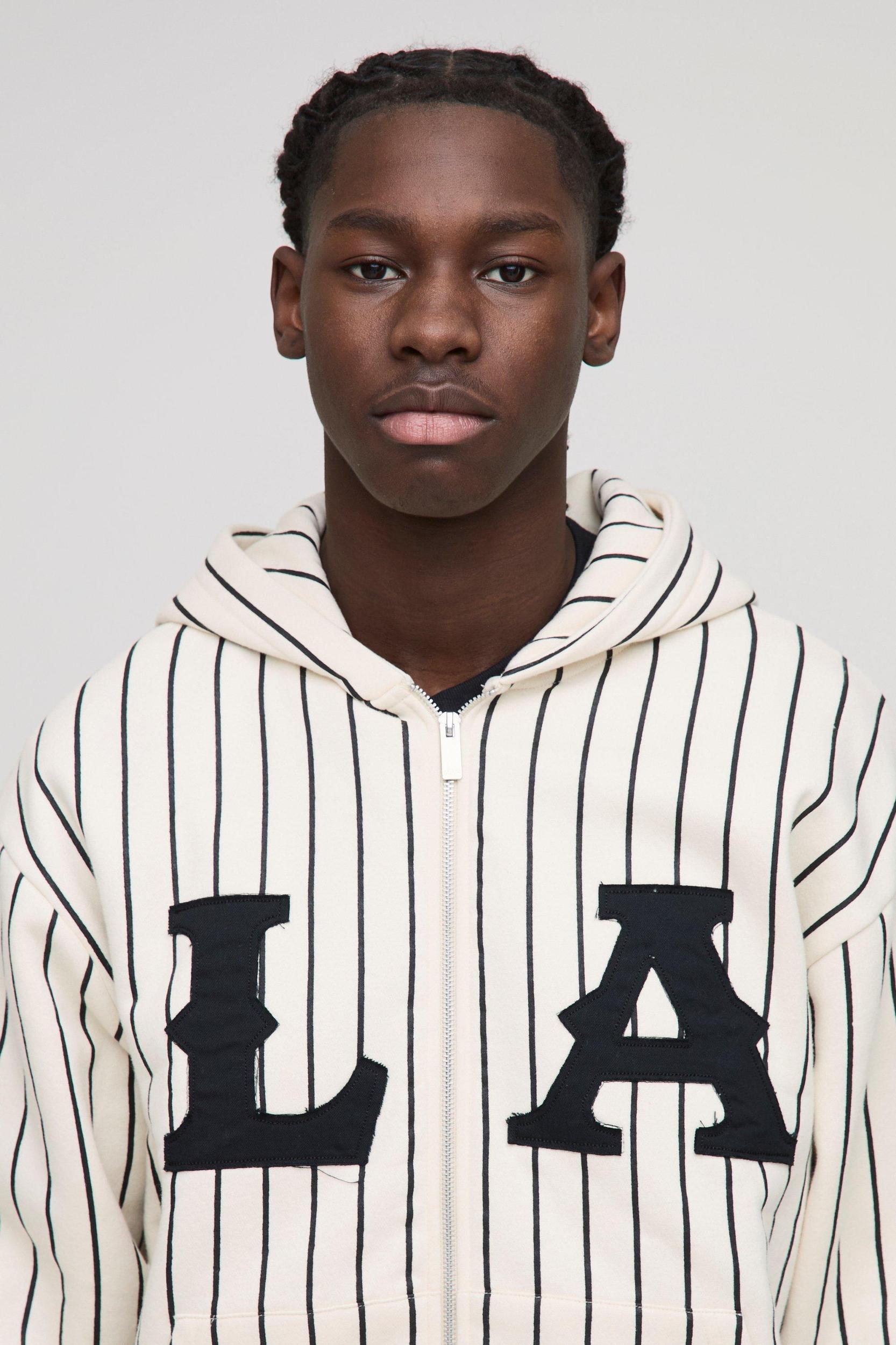 Oversized Boxy LA Applique Pinstripe Zip Through Hoodie | boohooMAN USA Product Image