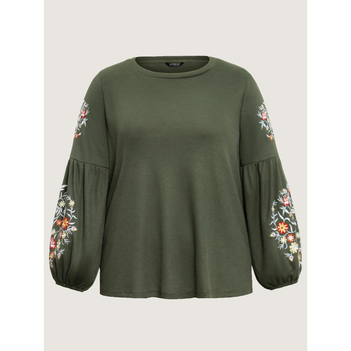 Plus Size Waffle Knit Floral Embroidered Lantern Sleeve T-shirt ArmyGreen Women Elegant Texture Floral Round Neck Everyday T-shirts BloomChic 14-16/1X Product Image