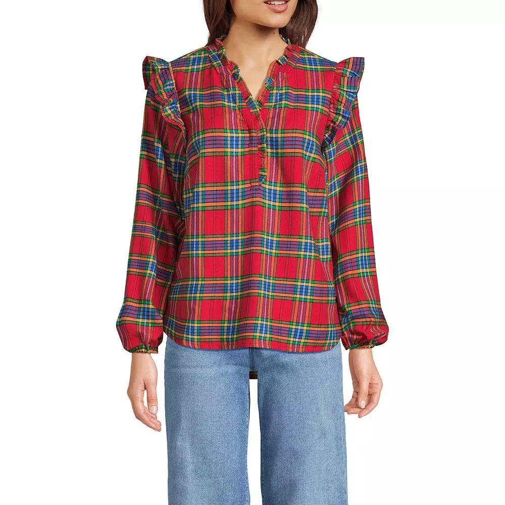 Women's Lands' End Ruffle Front Flannel Popover Blouse, Size: XL, Deep Green Plaid Product Image