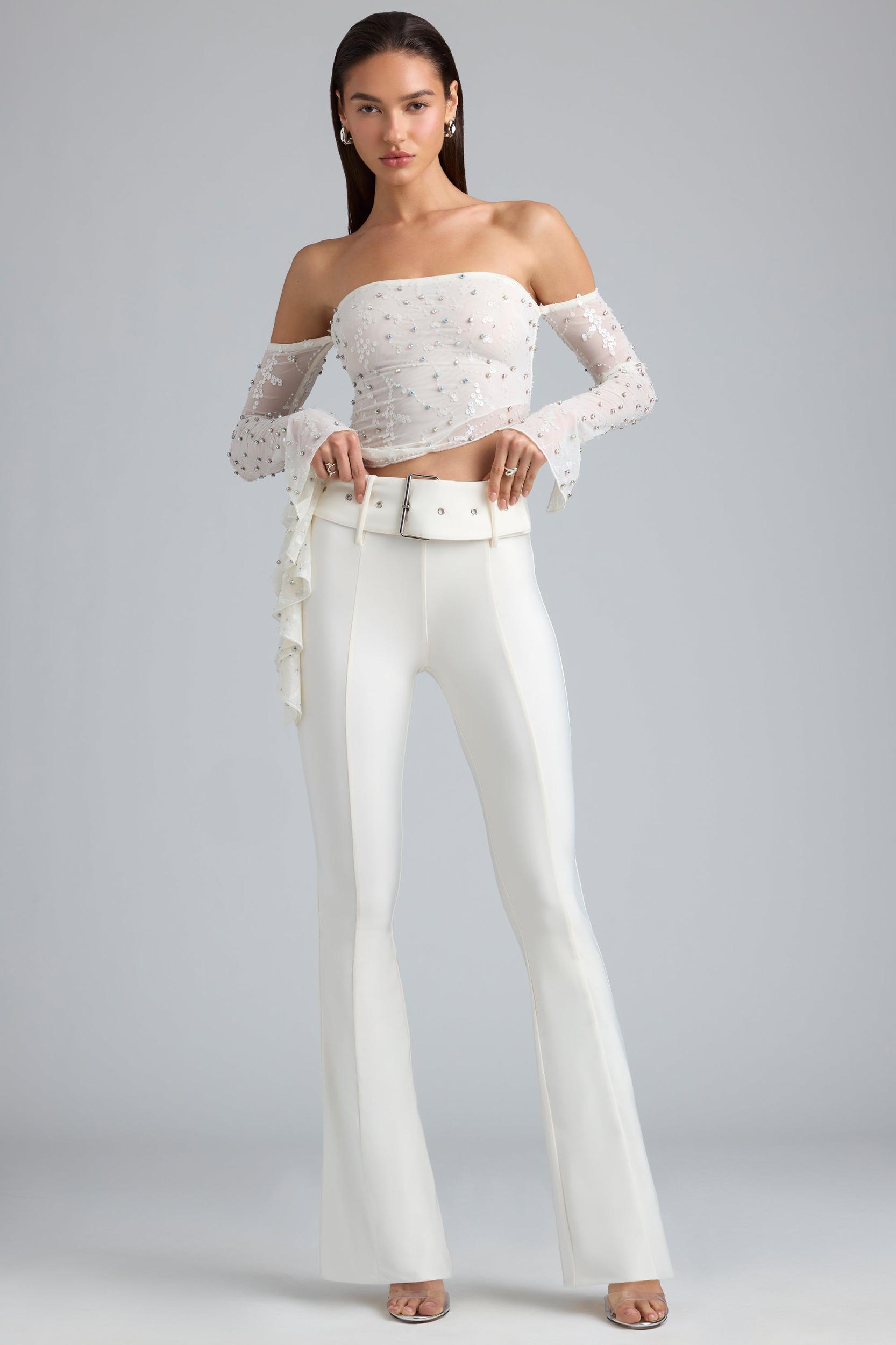Metallic Belted Mid-Rise Flared Trousers in Ivory Product Image