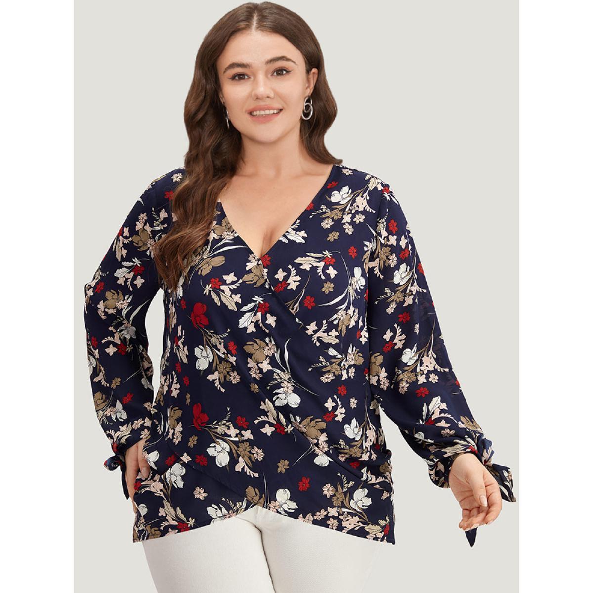 Plus Size Indigo Floral V Neck Wrap Twist Sleeve Blouse Women Elegant Long Sleeve V-neck Dailywear Blouses BloomChic 10/M Product Image