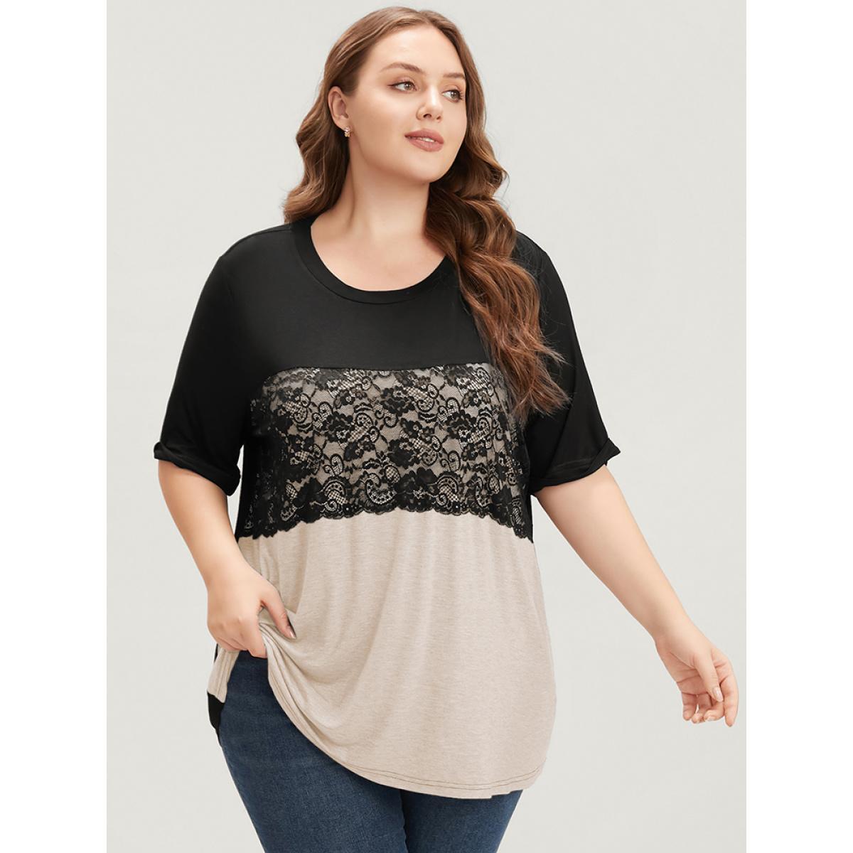 Plus Size Colorblock Contrast Round Neck Lace Insert T-shirt Tan Women Elegant Contrast Colorblock Round Neck Dailywear T-shirts BloomChic 28/5X Product Image