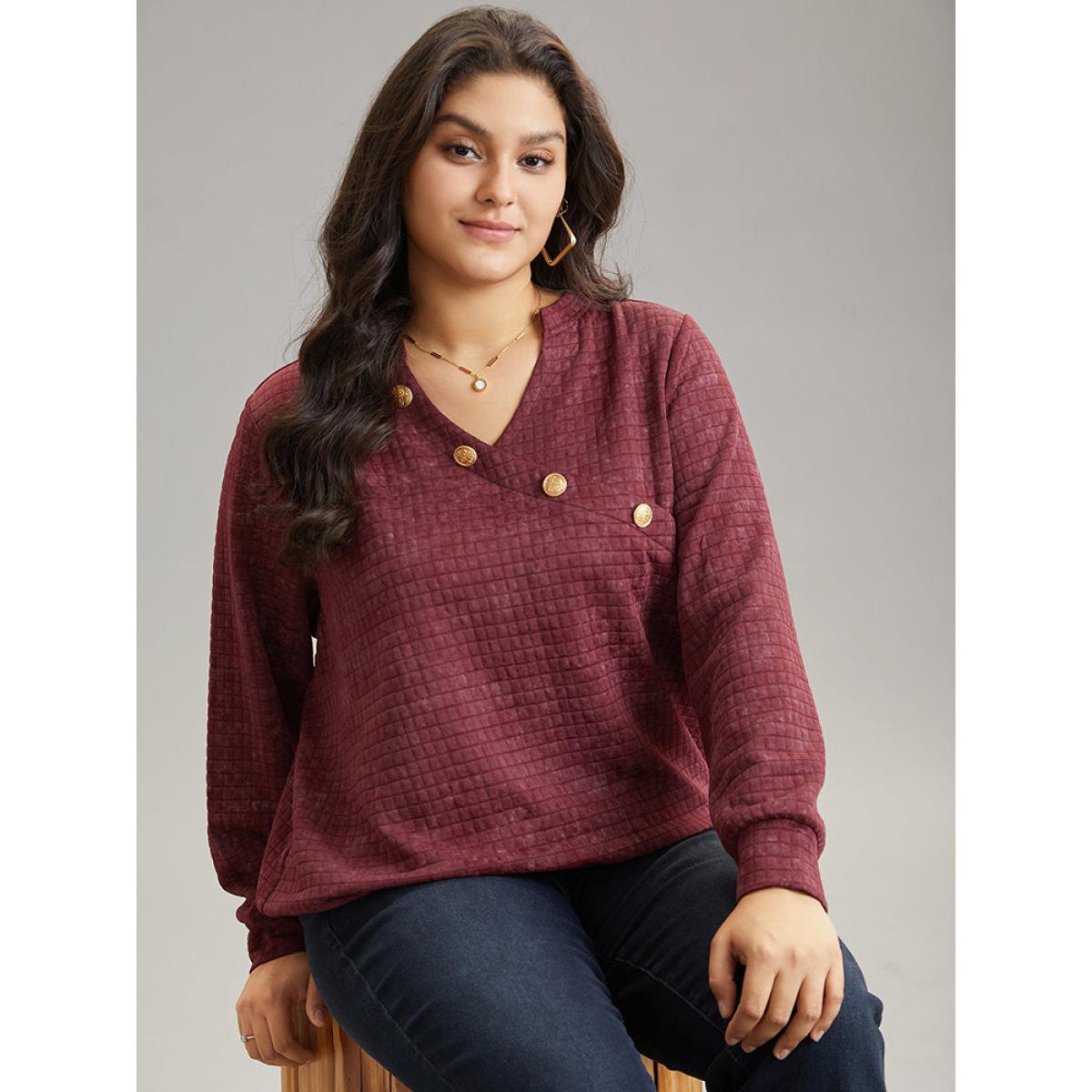 Plus Size Plain Textured Notched Button Detail Sweatshirt Women Burgundy Casual Texture Notched collar Dailywear Sweatshirts BloomChic 28/5X Product Image