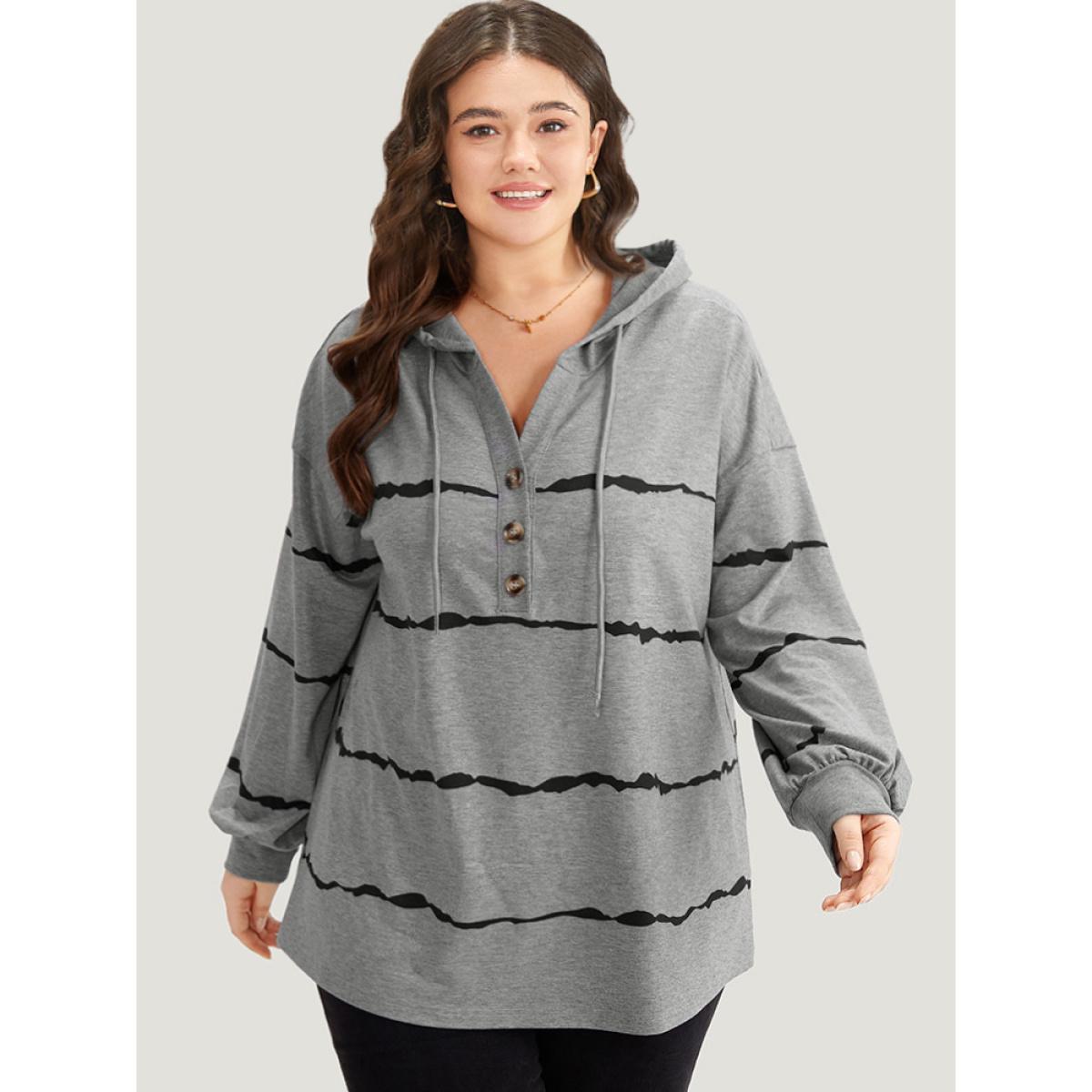 Plus Size Striped Drawstring Hooded Button Up Sweatshirt Women Gray Casual Elastic cuffs Hooded Dailywear Sweatshirts BloomChic 26/4X Product Image