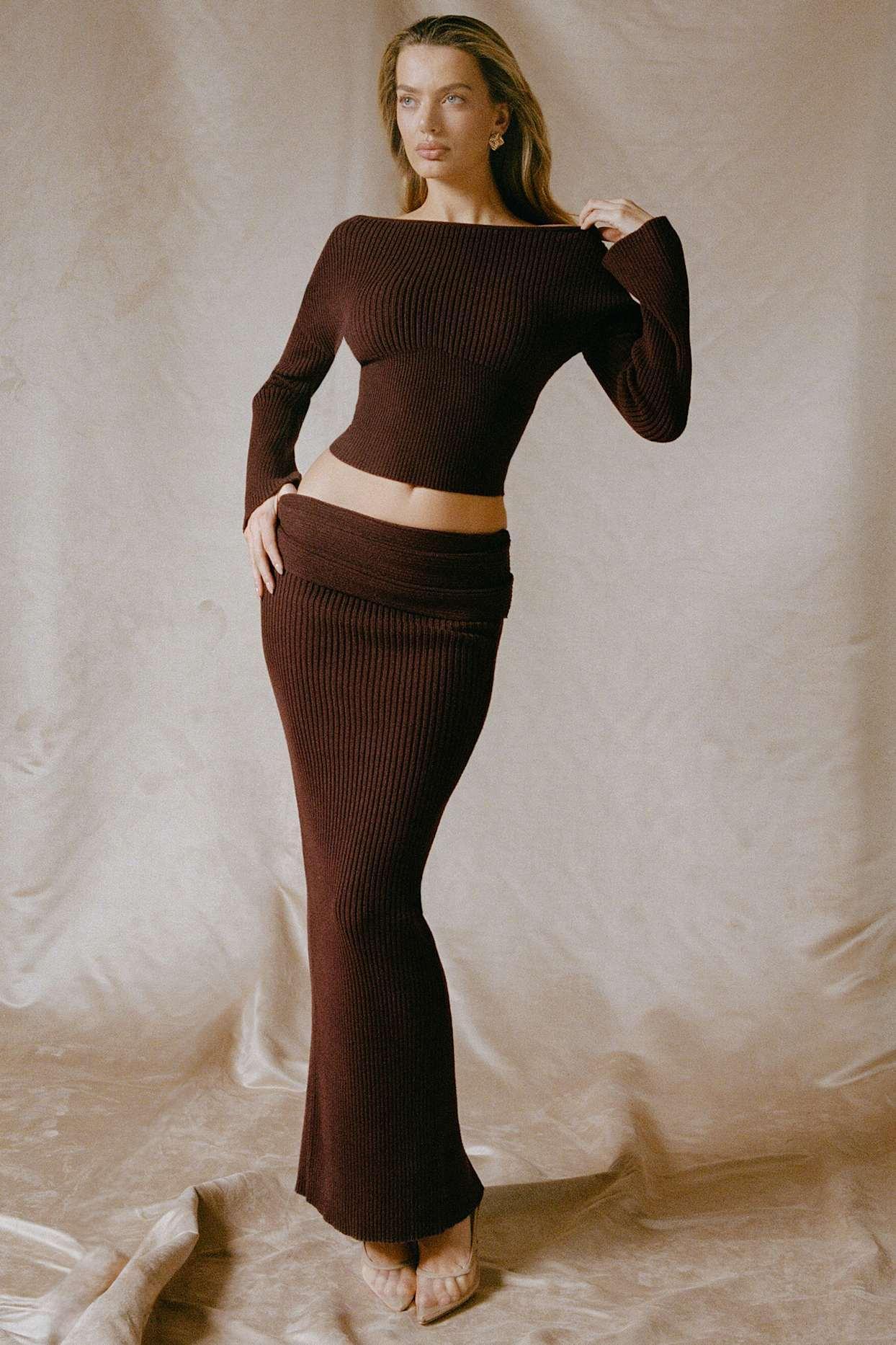 Ribbed-Knit Foldover Maxi Skirt in Espresso Product Image