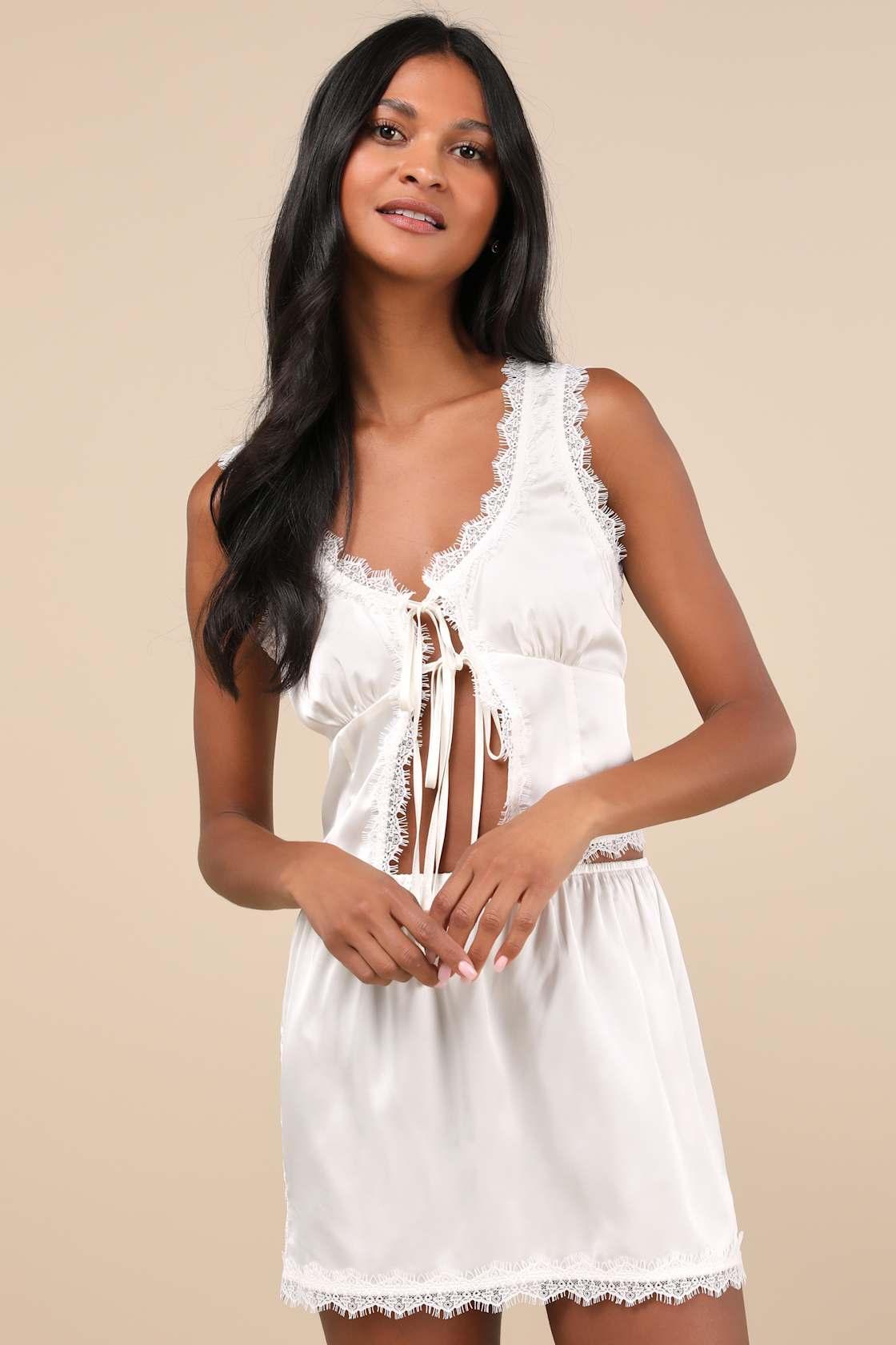 Evening Darling Ivory Lace Tie-Front Two-Piece Pajama Set Product Image