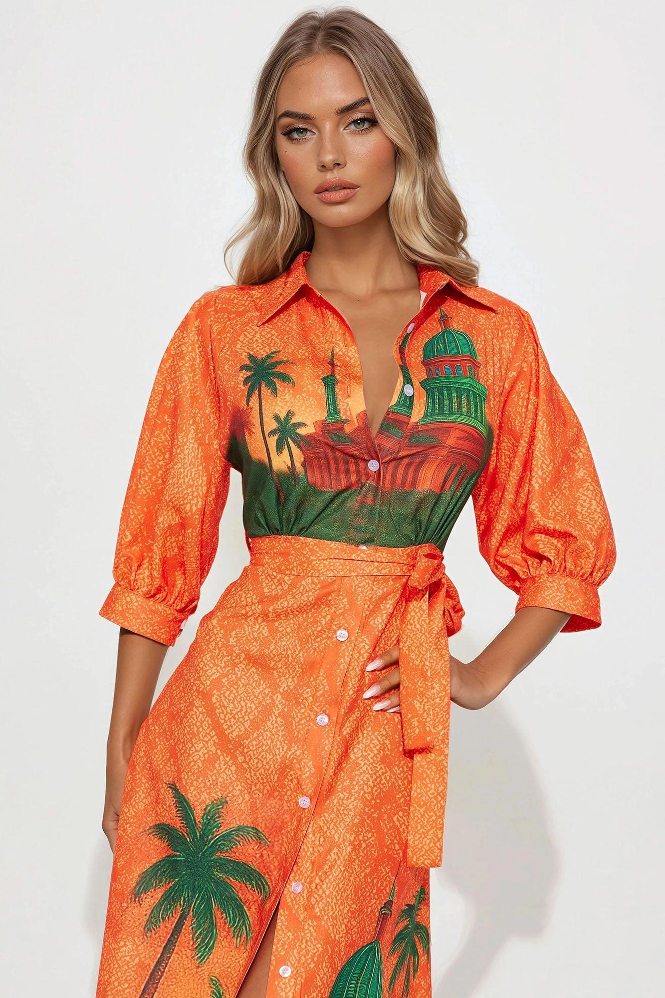 Tuscan Sunsets Maxi Shirt Dress - Orange/combo Product Image