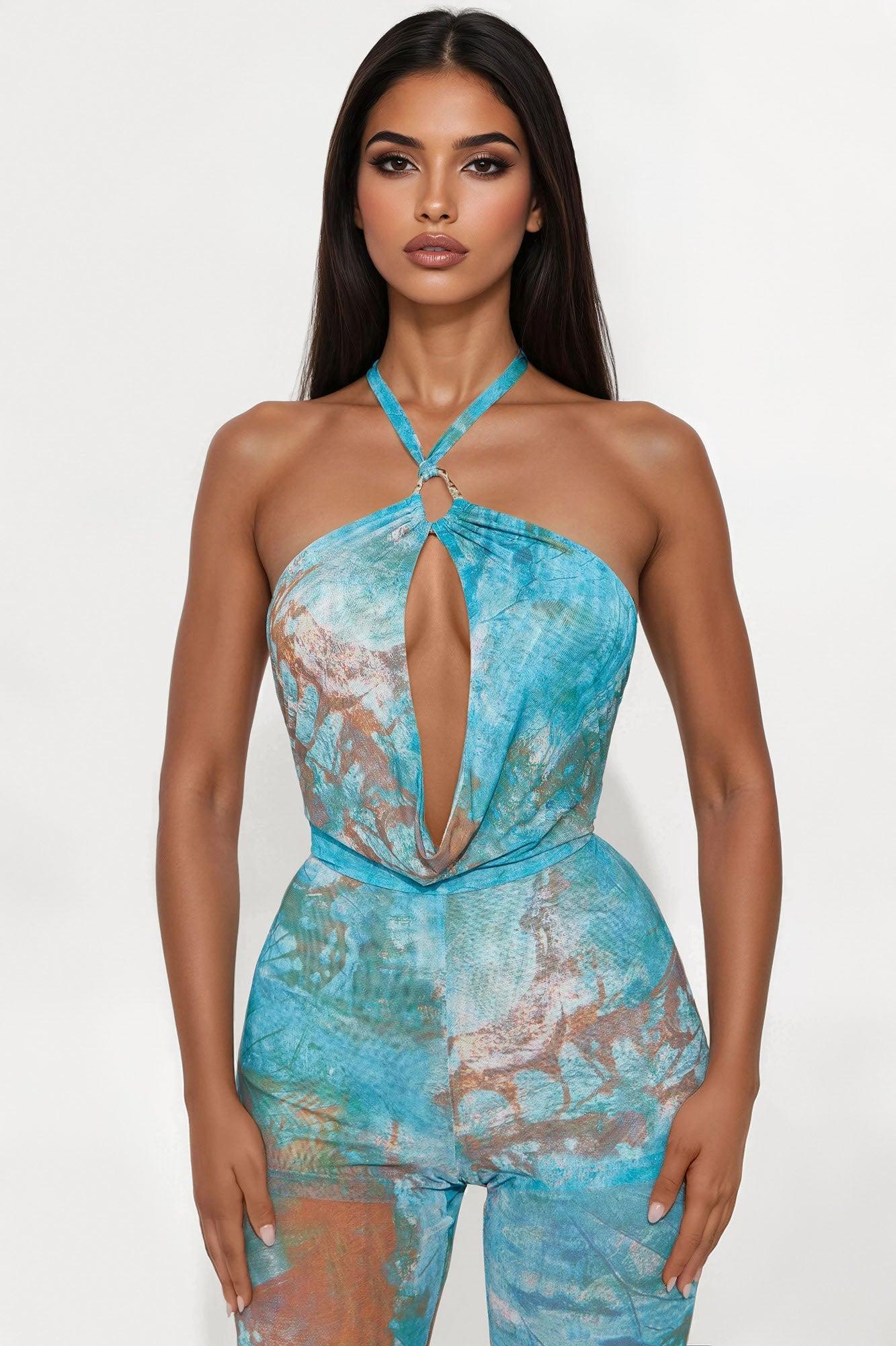 Not Just Anyone Mesh Jumpsuit - Aqua/Combo Product Image