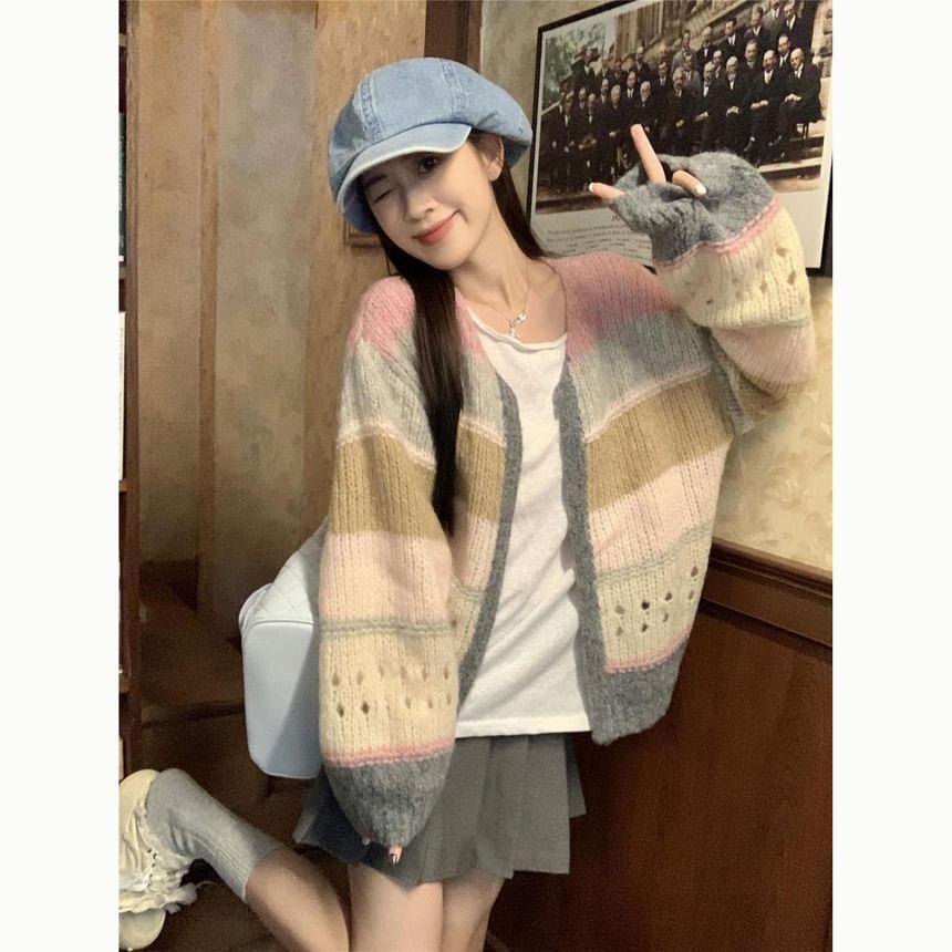 V-Neck Color Block Perforated Open Front Cardigan / High Waist Plain Pleated Mini A-Line Skirt / Set Product Image