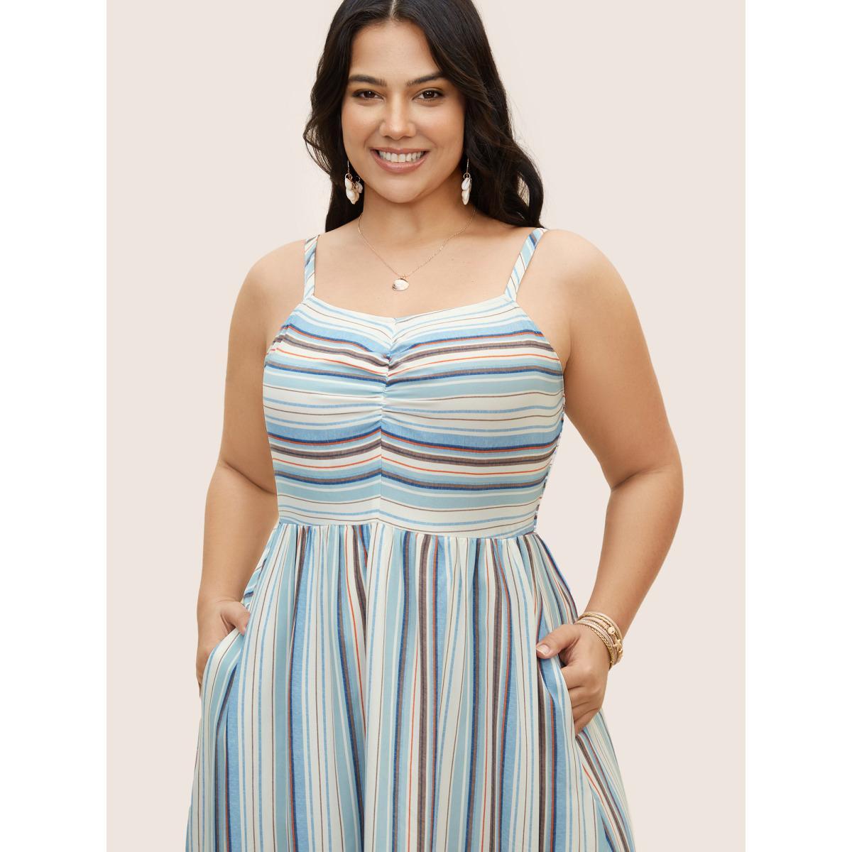 Plus Size Striped Frill Trim Gathered Maxi Dress LightBlue Women Resort Gathered Heart neckline Sleeveless Curvy BloomChic 12/L Product Image